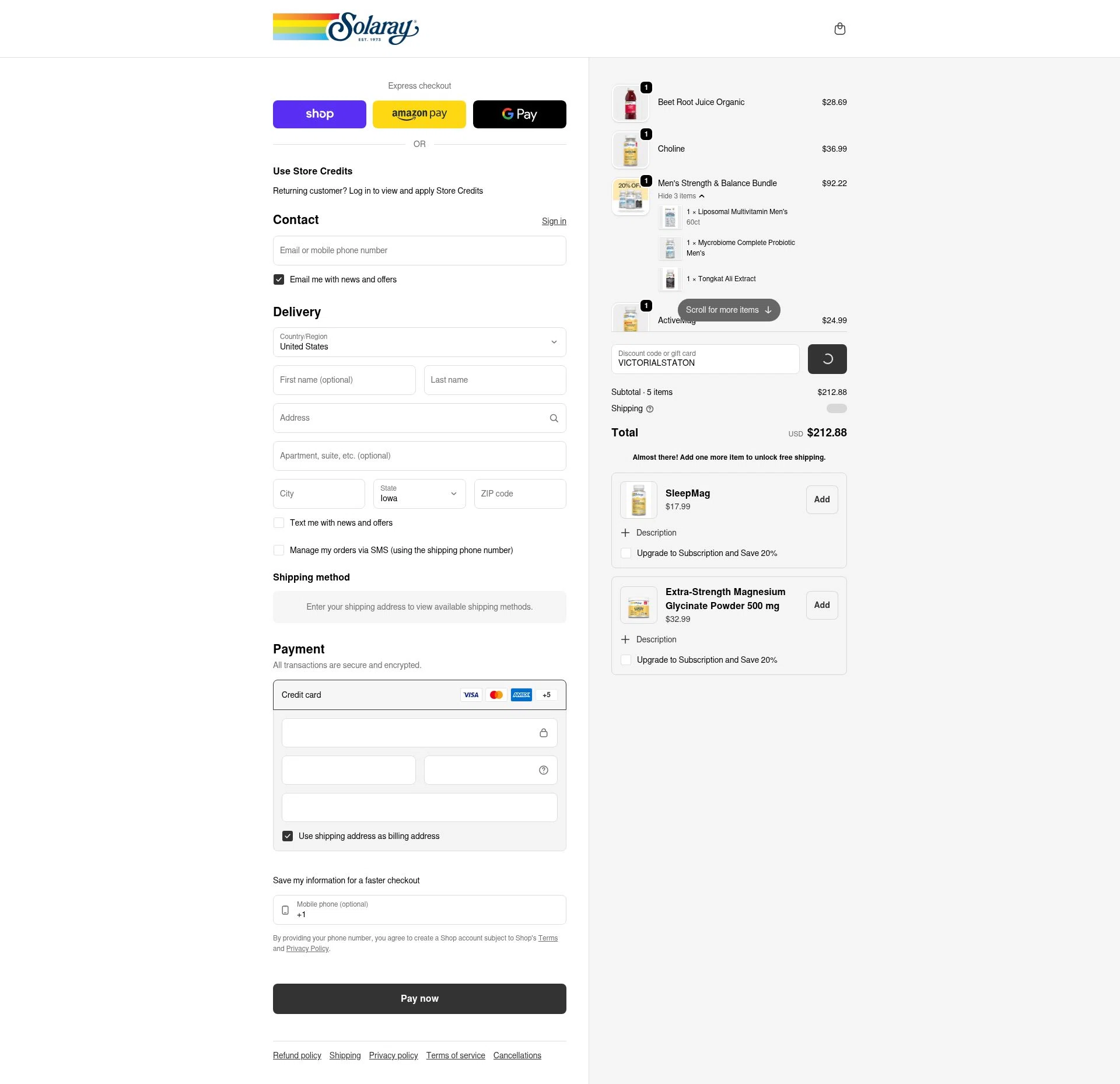 Solaray checkout page showing Solaray discount code box | Screenshot taken by SimplyCodes community member on Feb 7, 2026