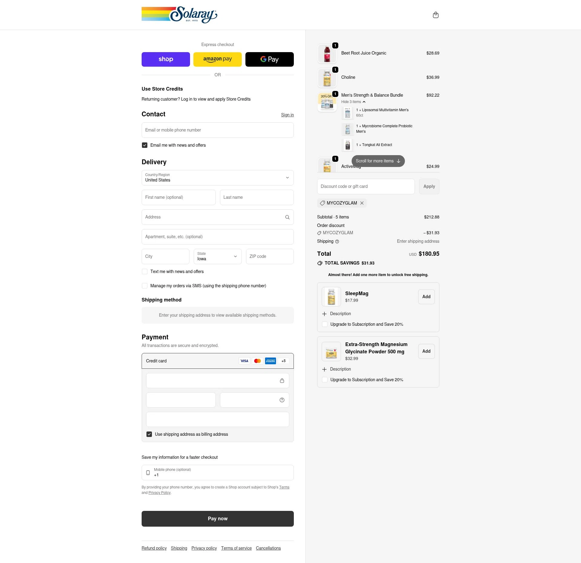 Solaray checkout page showing Solaray discount code box | Screenshot taken by SimplyCodes community member on Feb 7, 2026