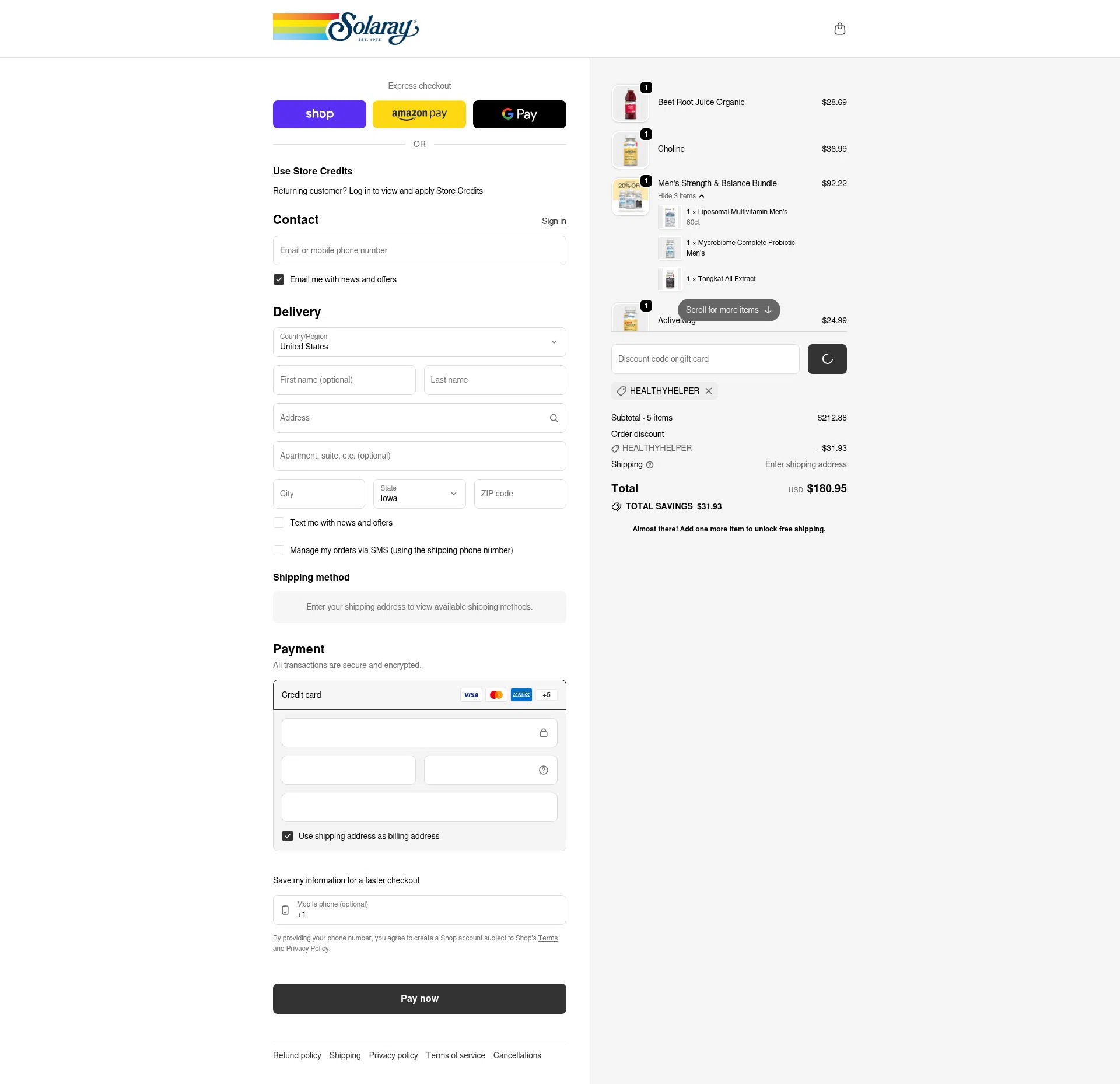 Solaray checkout page showing Solaray discount code box | Screenshot taken by SimplyCodes community member on Feb 7, 2026