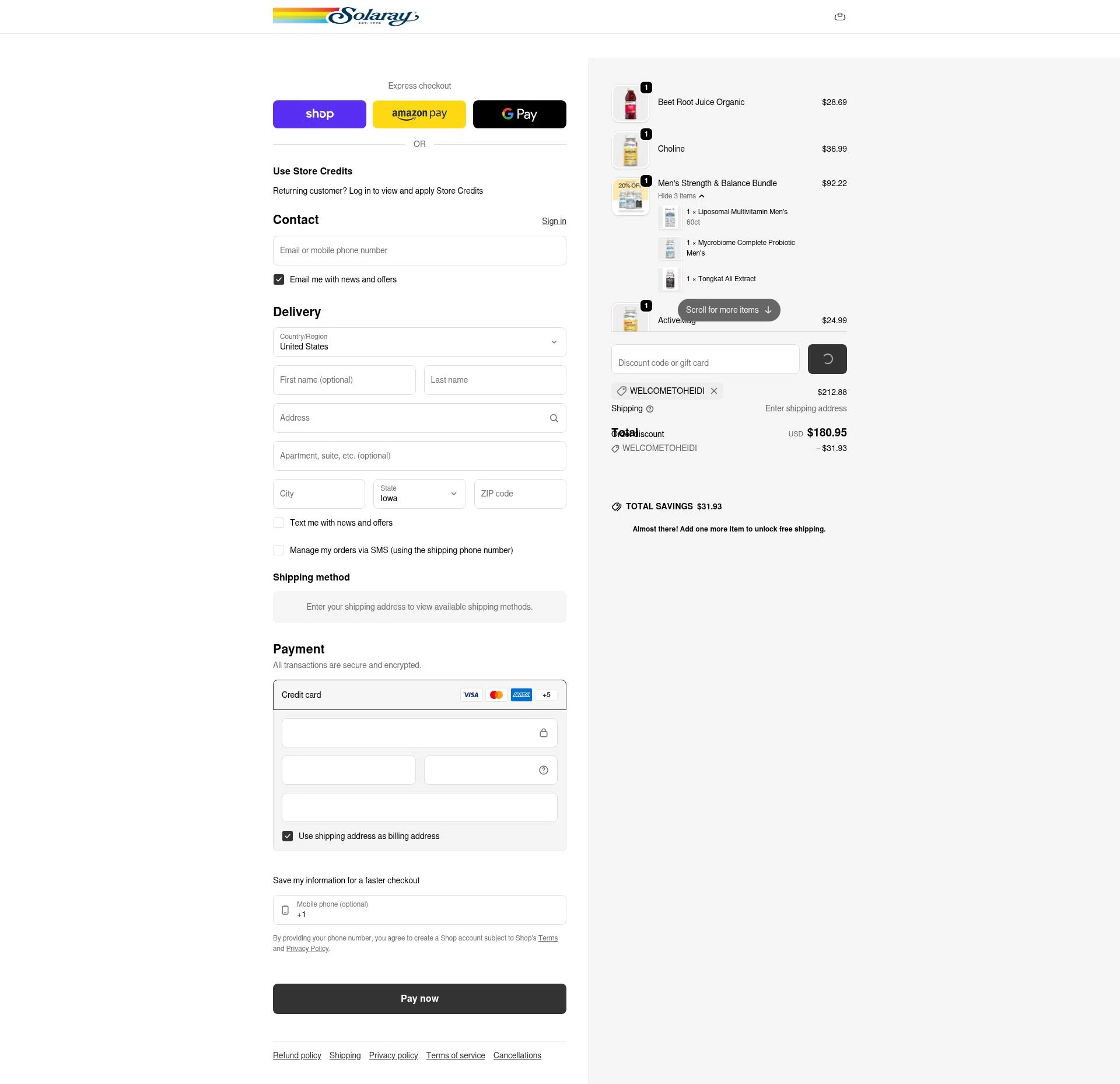 Solaray checkout page showing Solaray discount code box | Screenshot taken by SimplyCodes community member on Feb 7, 2026