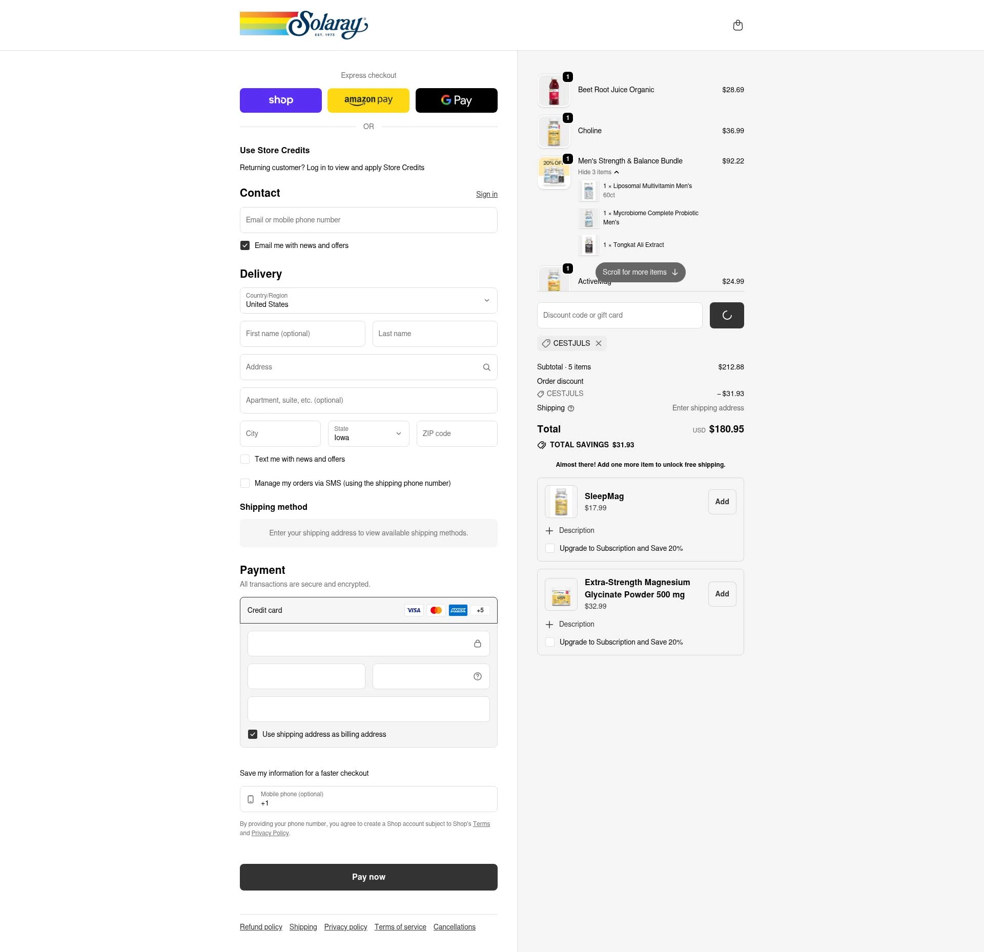 Solaray checkout page showing Solaray discount code box | Screenshot taken by SimplyCodes community member on Feb 7, 2026