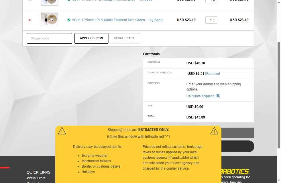 Solarbotics checkout page showing Solarbotics promo code box | Screenshot taken by SimplyCodes community member on Jun 16, 2025