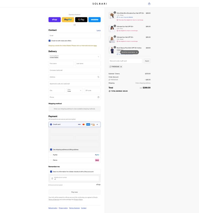Solbari checkout page showing Solbari discount code box | Screenshot taken by SimplyCodes community member on Sep 3, 2025