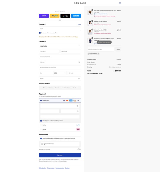 Solbari checkout page showing Solbari discount code box | Screenshot taken by SimplyCodes community member on Sep 3, 2025