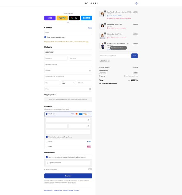 Solbari checkout page showing Solbari discount code box | Screenshot taken by SimplyCodes community member on Sep 3, 2025