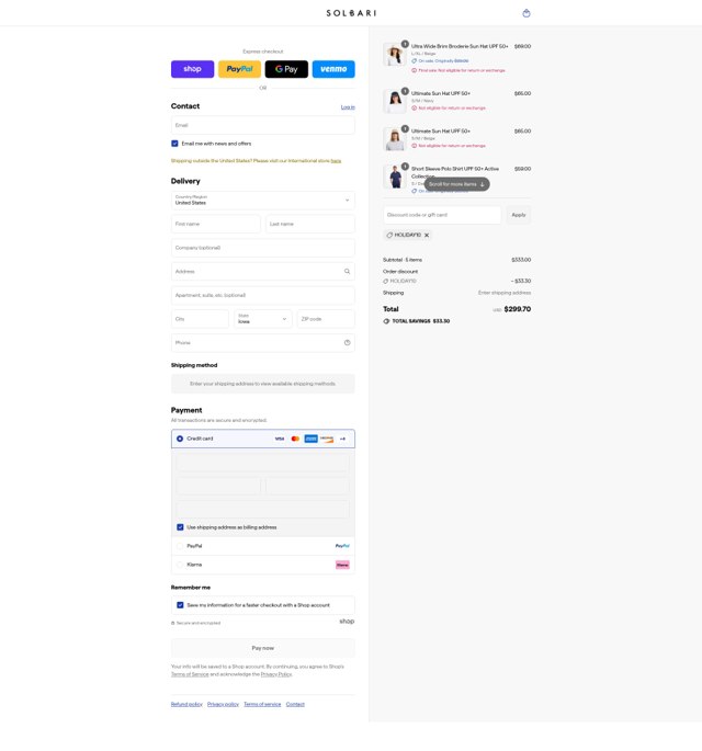 Solbari checkout page showing Solbari discount code box | Screenshot taken by SimplyCodes community member on Sep 3, 2025