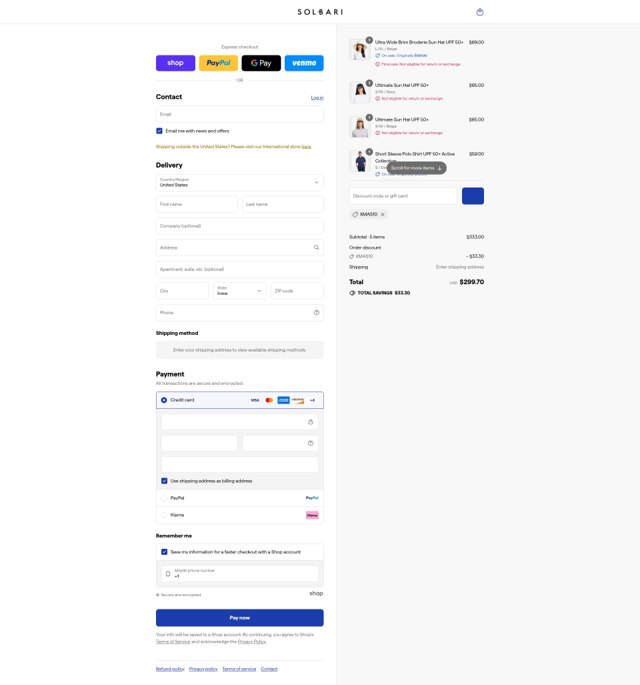 Solbari checkout page showing Solbari discount code box | Screenshot taken by SimplyCodes community member on Sep 3, 2025