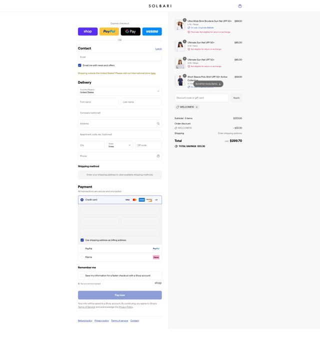 Solbari checkout page showing Solbari discount code box | Screenshot taken by SimplyCodes community member on Sep 3, 2025