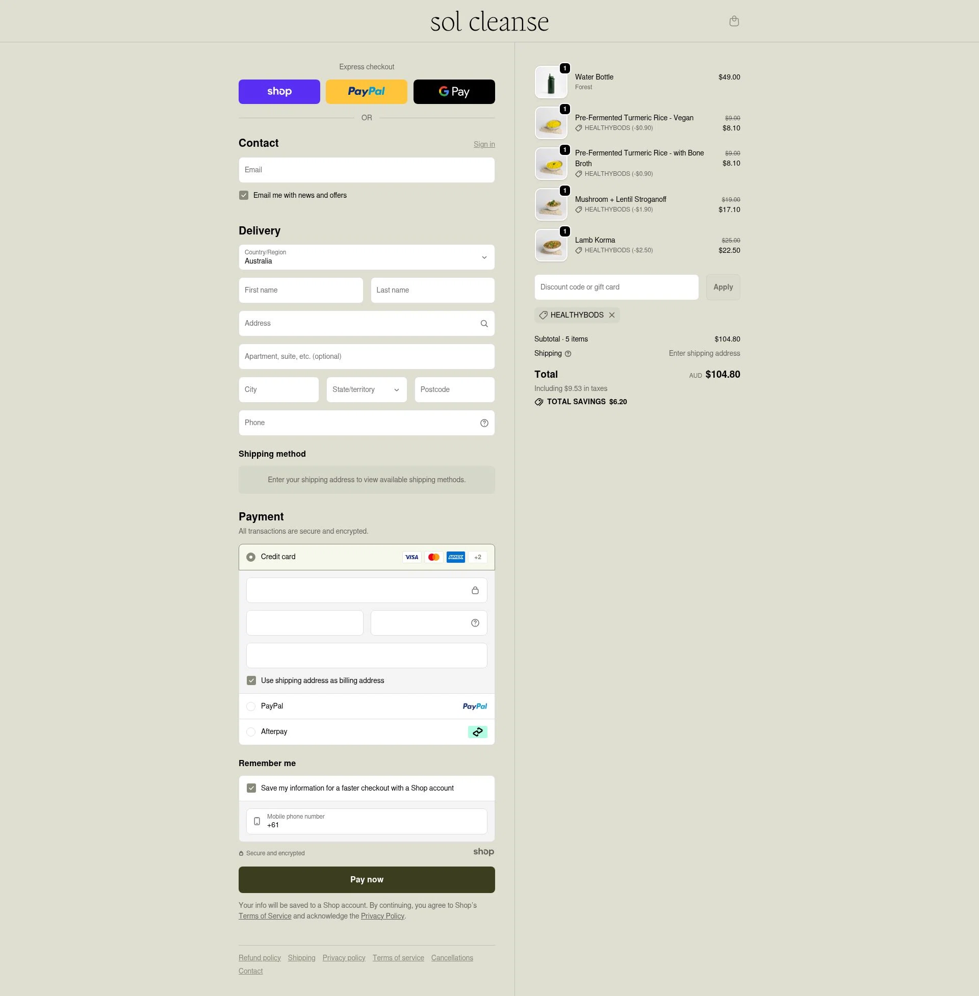 Sol Cleanse checkout page showing Sol Cleanse discount code box | Screenshot taken by SimplyCodes community member on Nov 28, 2025