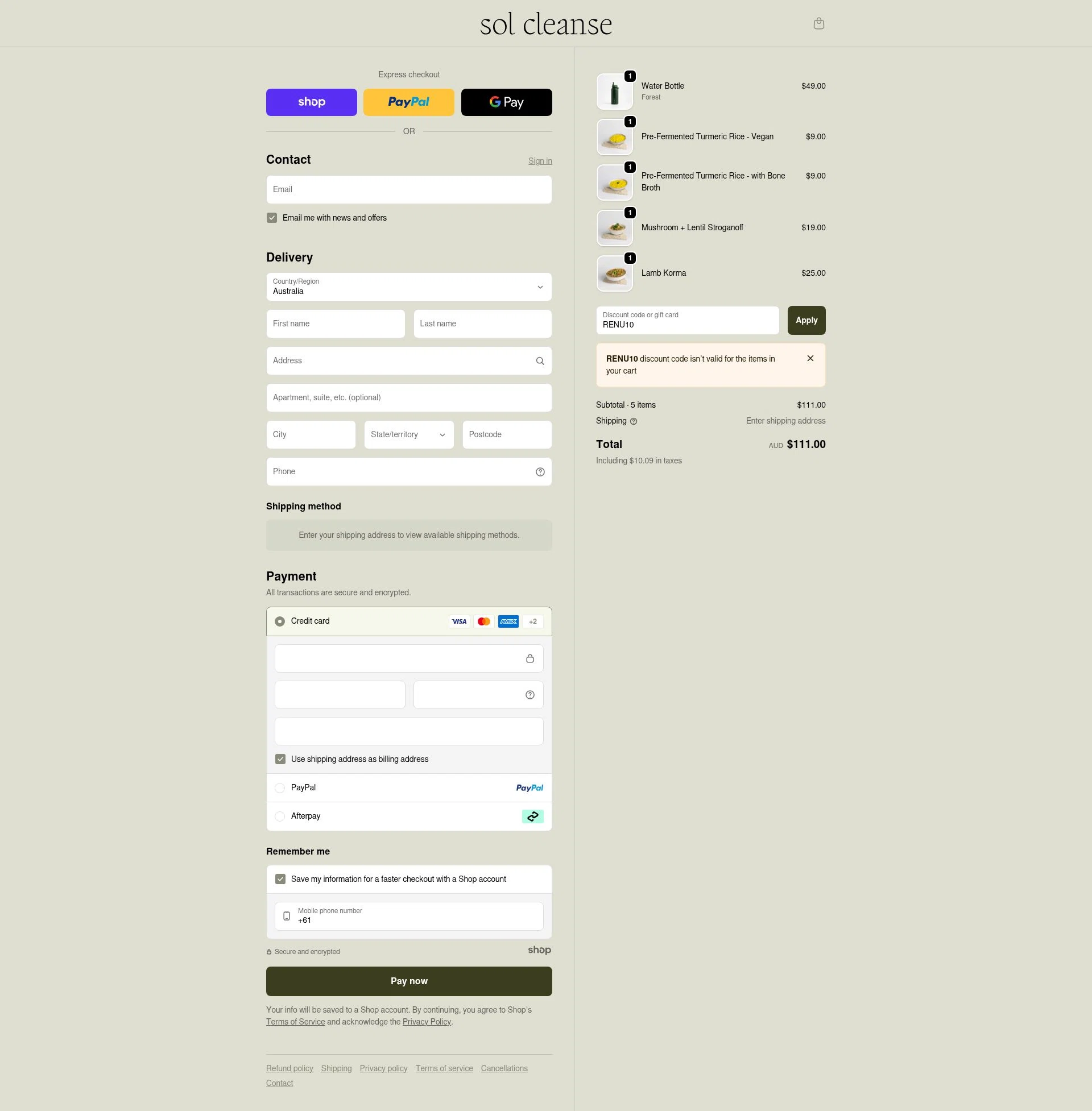 Sol Cleanse checkout page showing Sol Cleanse discount code box | Screenshot taken by SimplyCodes community member on Dec 9, 2025