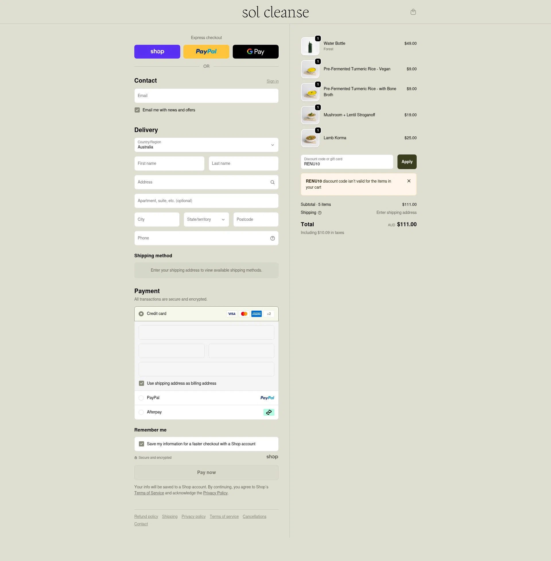 Sol Cleanse checkout page showing Sol Cleanse discount code box | Screenshot taken by SimplyCodes community member on Nov 28, 2025