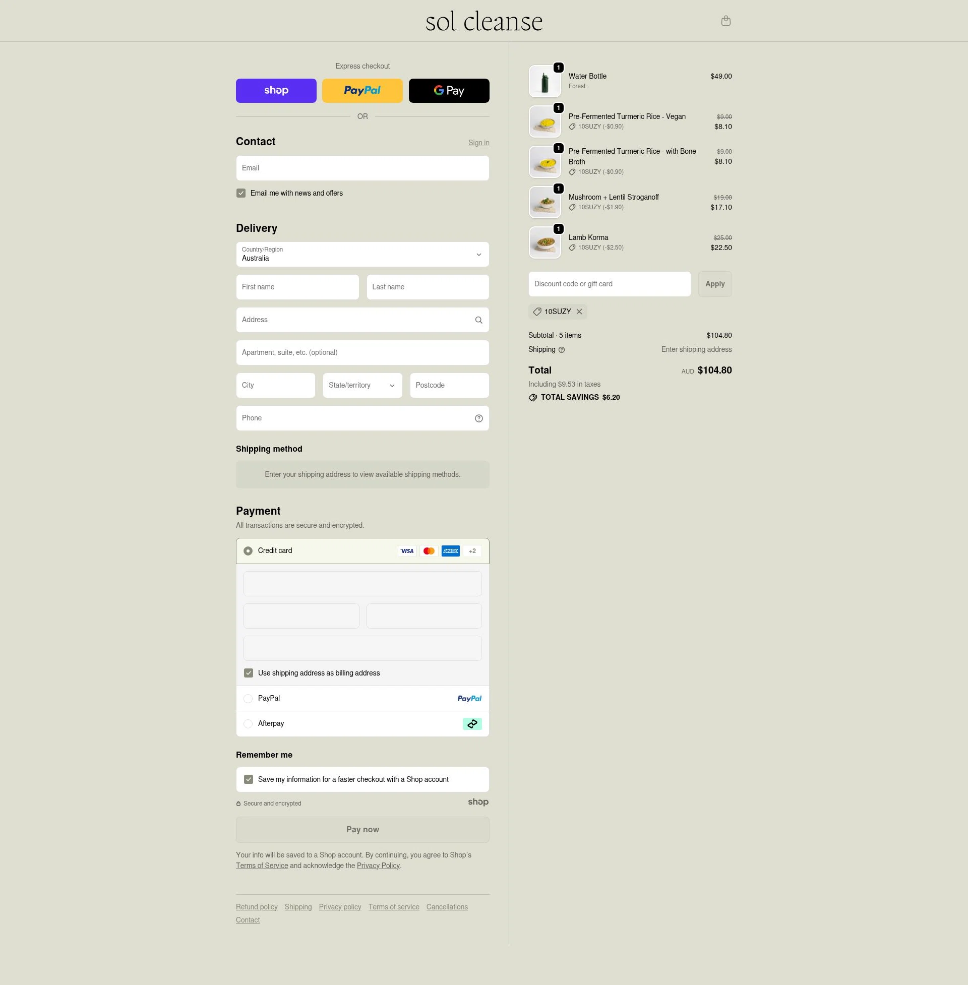 Sol Cleanse checkout page showing Sol Cleanse discount code box | Screenshot taken by SimplyCodes community member on Nov 28, 2025