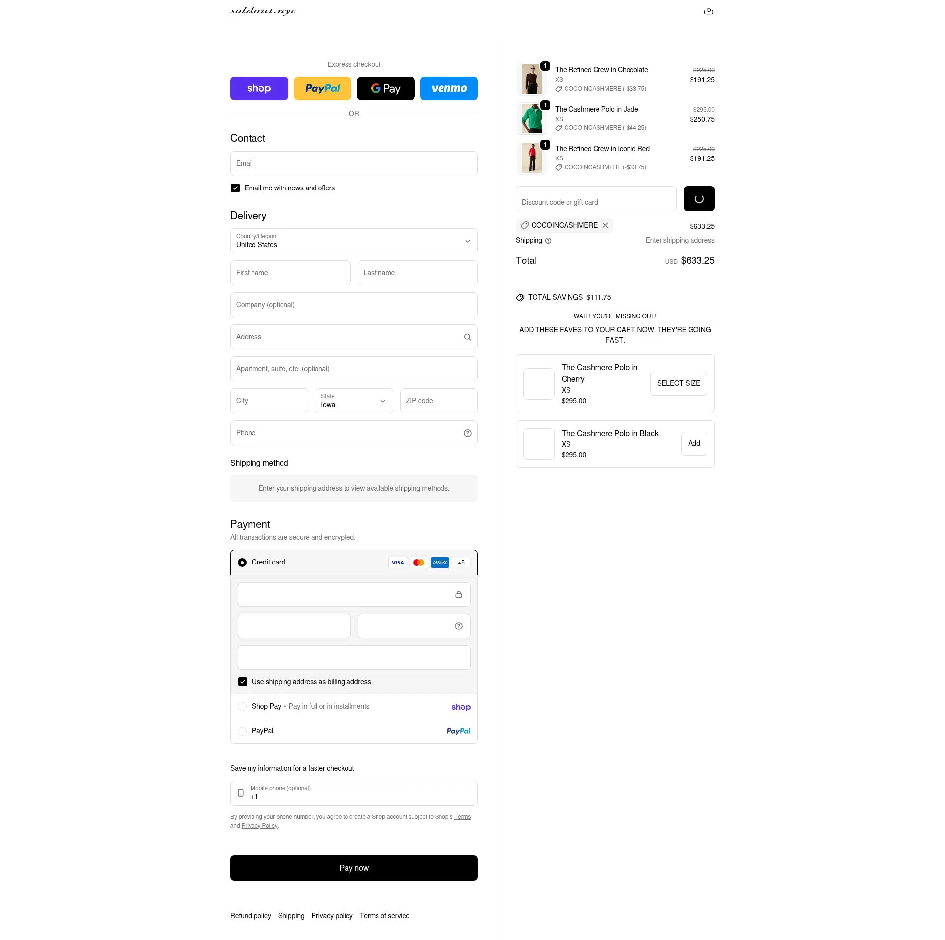 Sold Out NYC checkout page showing Sold Out NYC discount code box | Screenshot taken by SimplyCodes community member on Feb 21, 2026