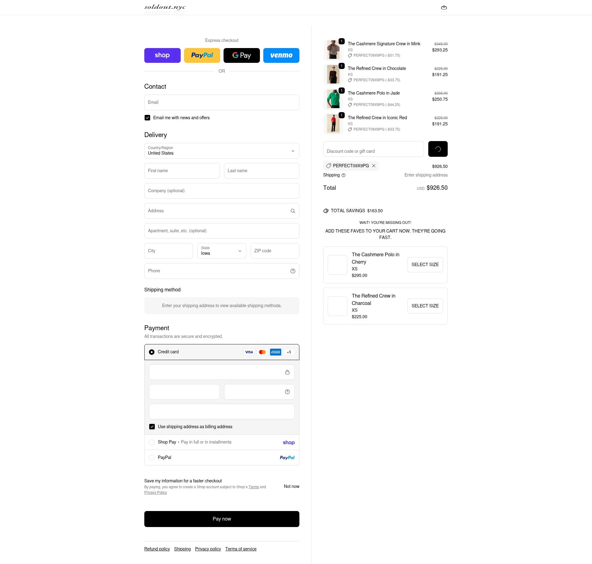 Sold Out NYC checkout page showing Sold Out NYC discount code box | Screenshot taken by SimplyCodes community member on Feb 16, 2026