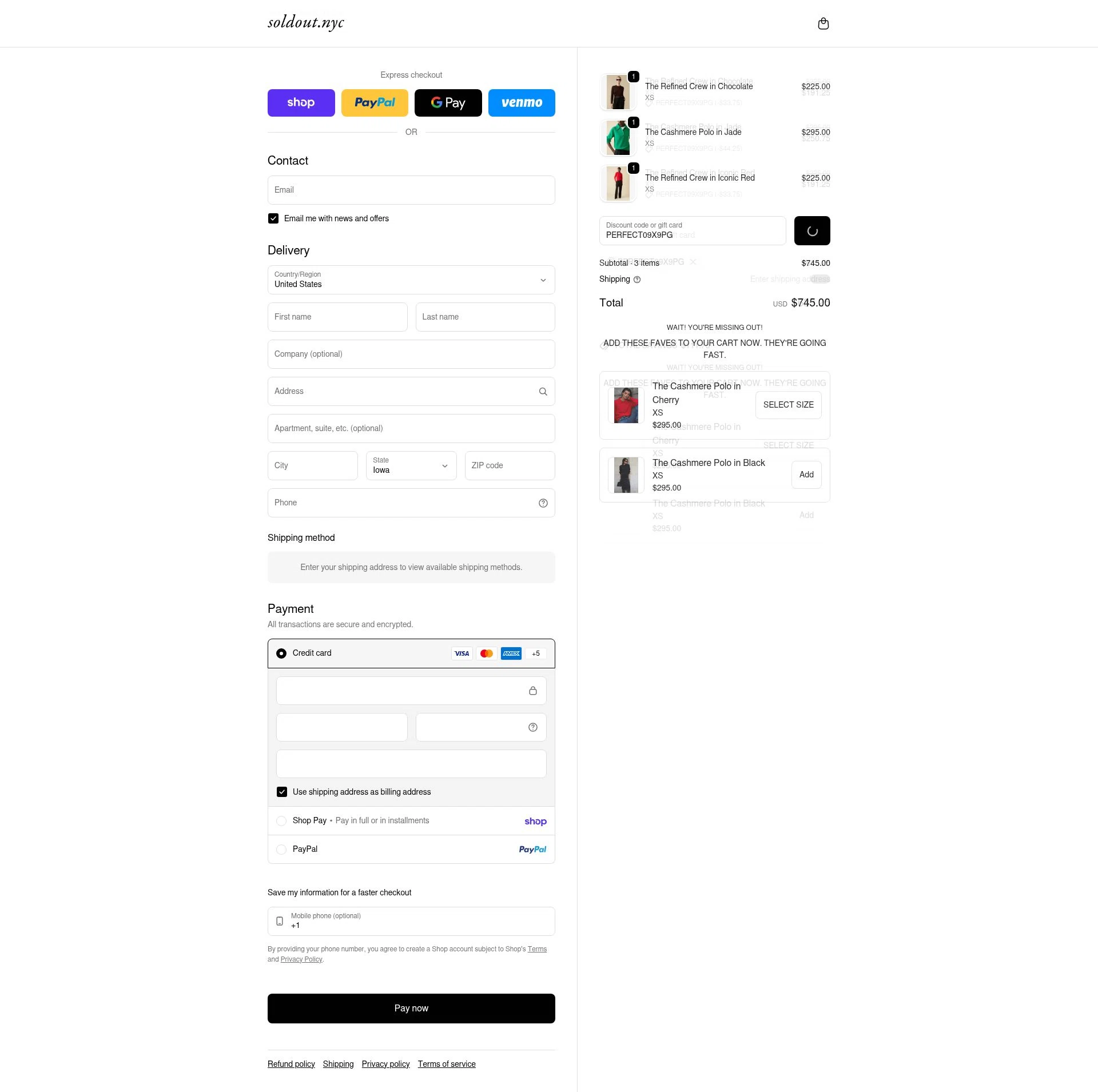 Sold Out NYC checkout page showing Sold Out NYC discount code box | Screenshot taken by SimplyCodes community member on Feb 21, 2026