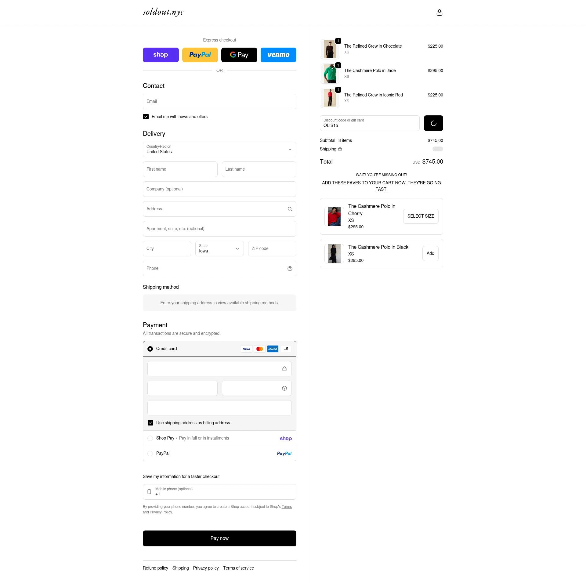 Sold Out NYC checkout page showing Sold Out NYC discount code box | Screenshot taken by SimplyCodes community member on Feb 21, 2026