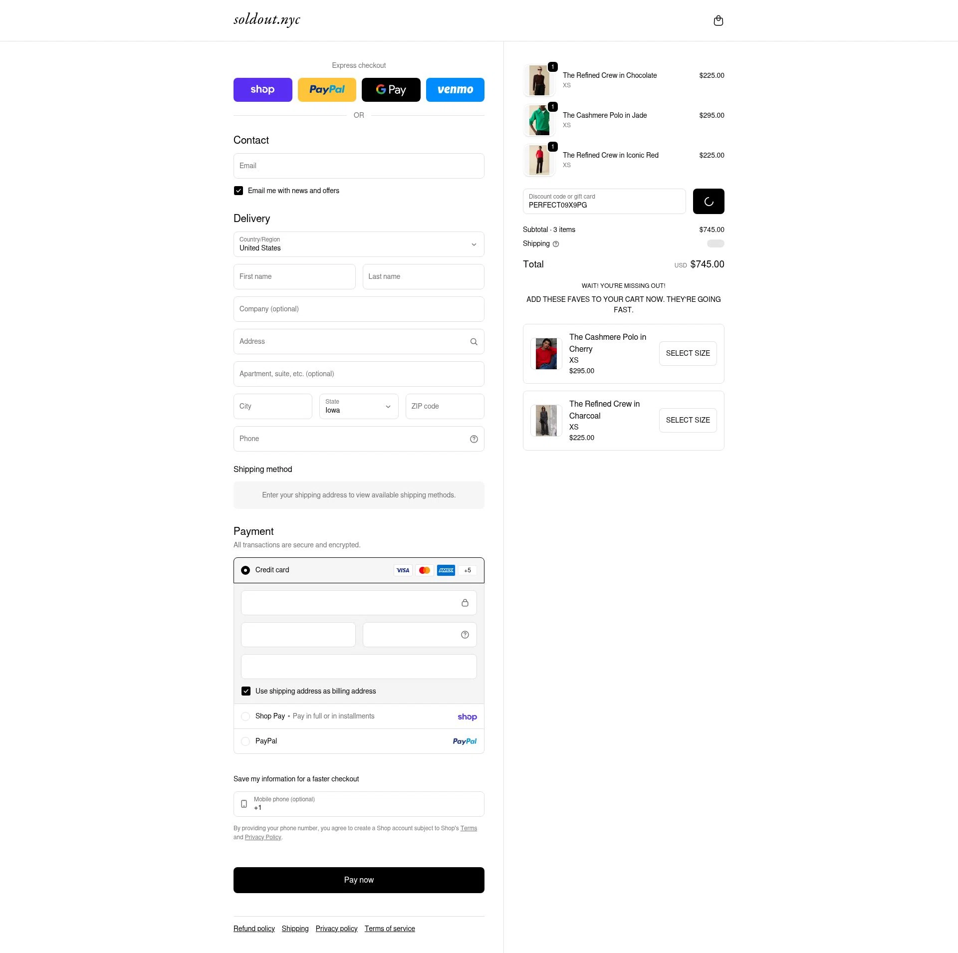 Sold Out NYC checkout page showing Sold Out NYC discount code box | Screenshot taken by SimplyCodes community member on Feb 12, 2026