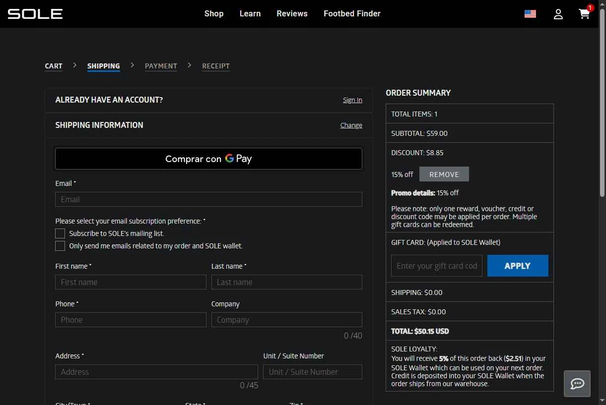 Sole checkout page showing Sole discount code box | Screenshot taken by SimplyCodes community member on Jan 24, 2026