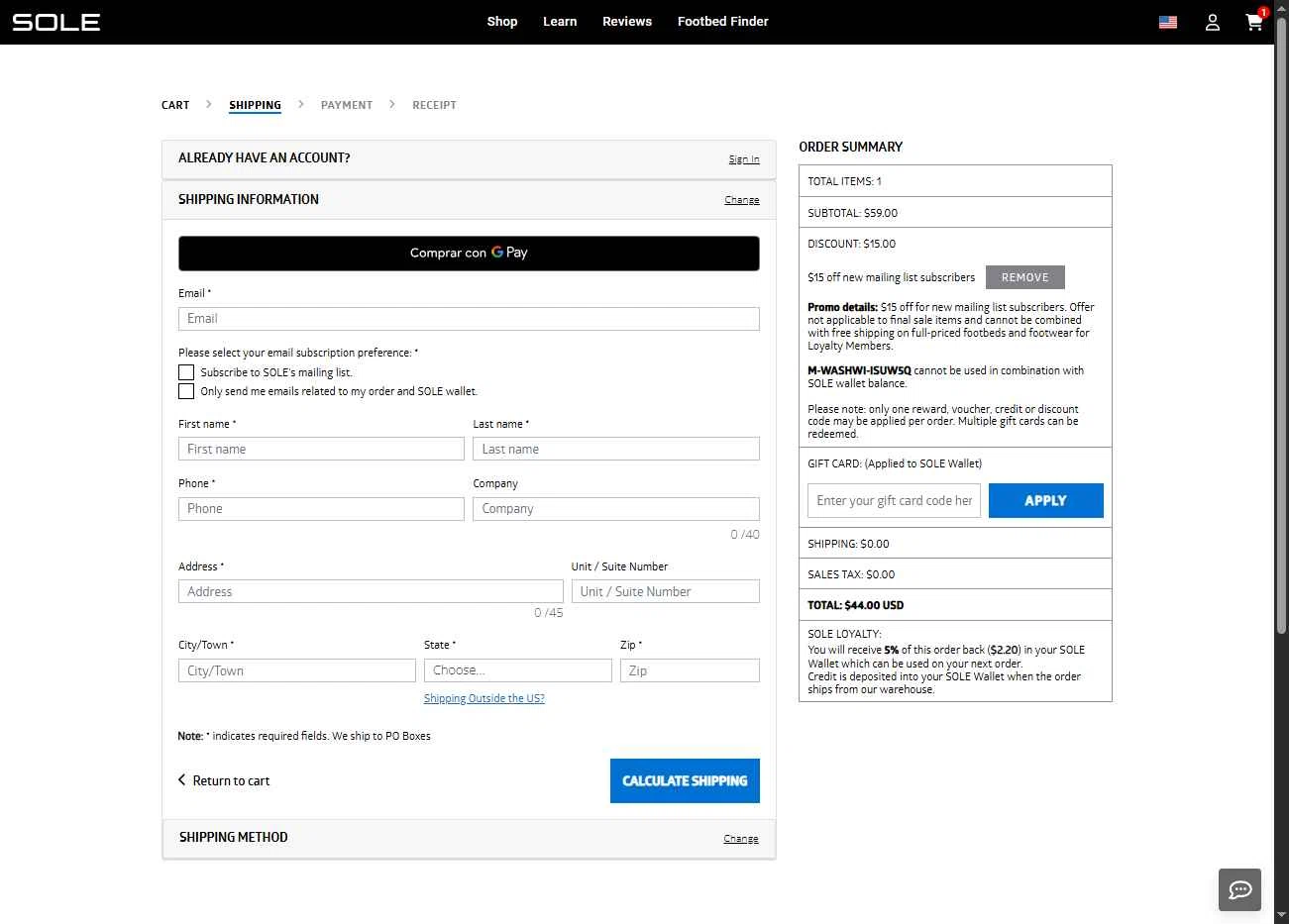Sole checkout page showing Sole discount code box | Screenshot taken by SimplyCodes community member on Jan 24, 2026