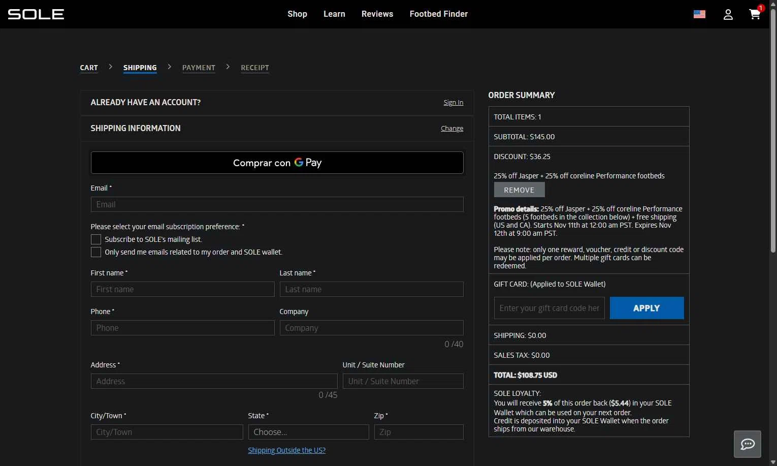Sole checkout page showing Sole discount code box | Screenshot taken by SimplyCodes community member on Jan 8, 2026