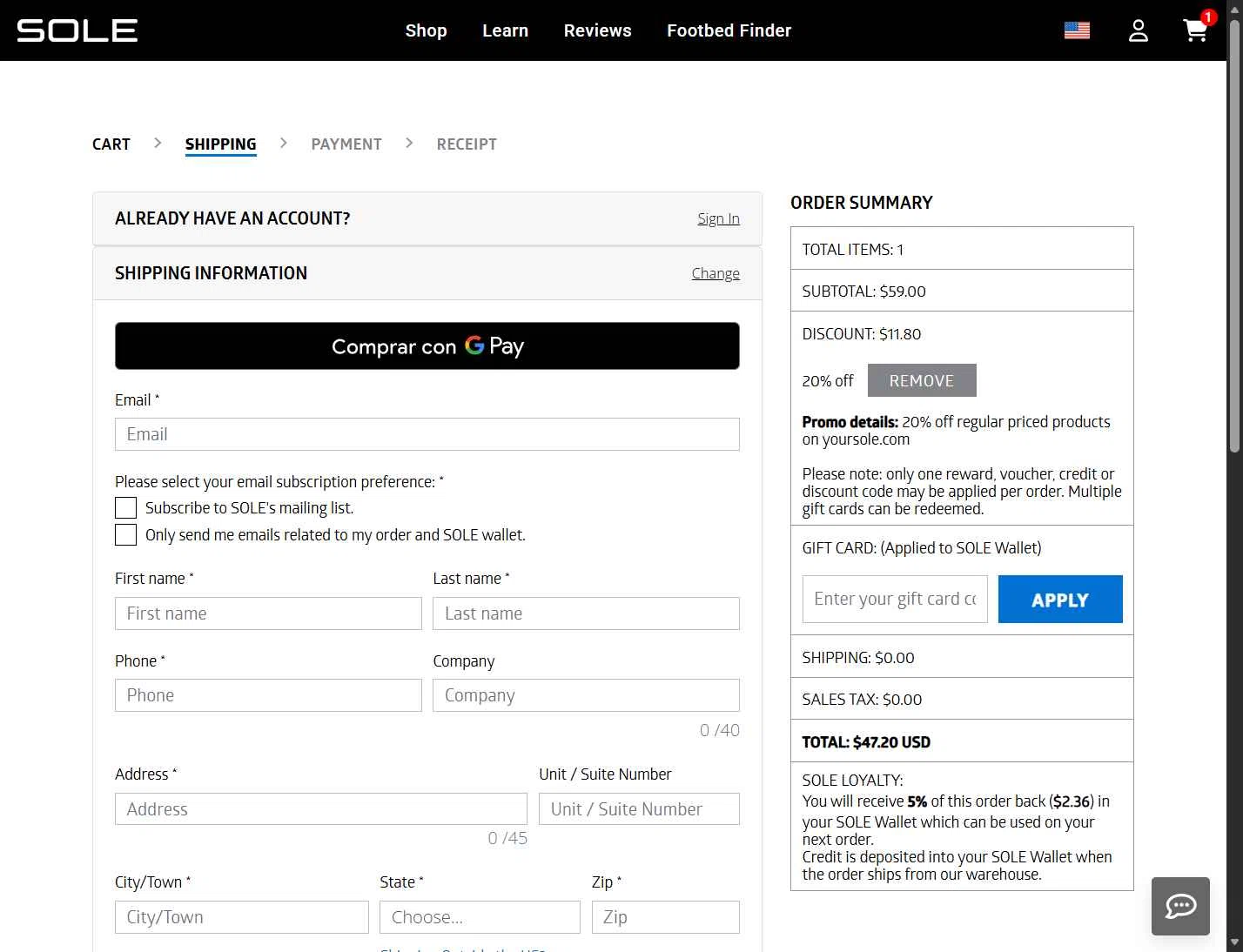 Sole checkout page showing Sole discount code box | Screenshot taken by SimplyCodes community member on Jan 14, 2026