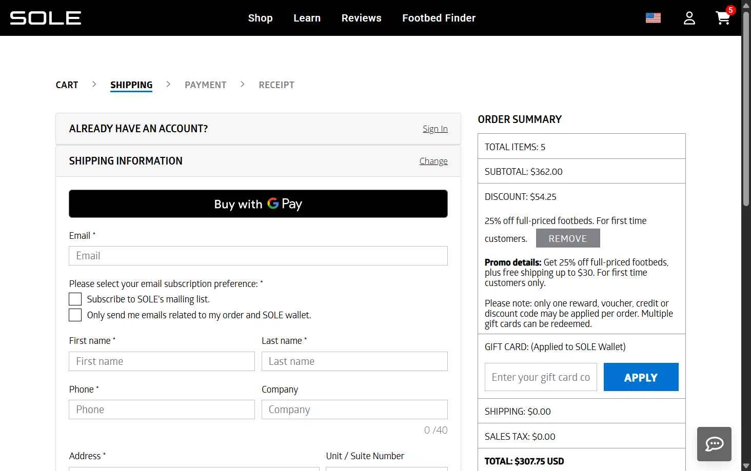 Sole checkout page showing Sole discount code box | Screenshot taken by SimplyCodes community member on Feb 6, 2026