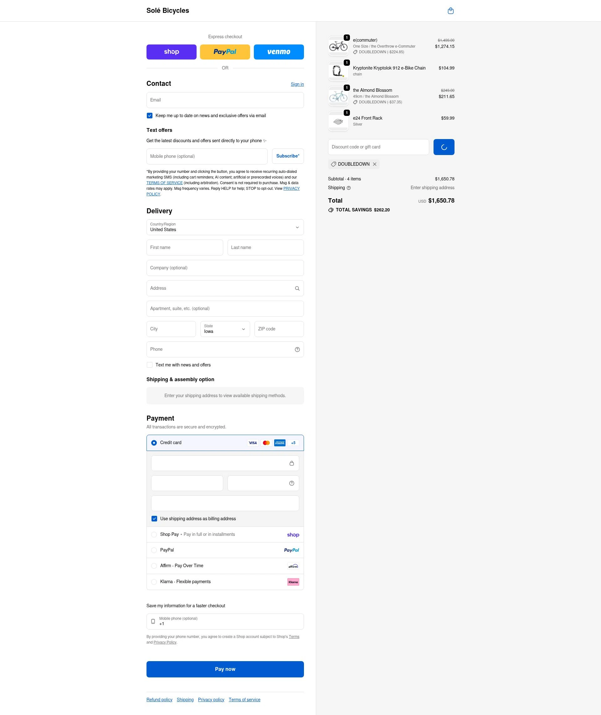 SOLE Bicycles checkout page showing SOLE Bicycles discount code box | Screenshot taken by SimplyCodes community member on Feb 15, 2026