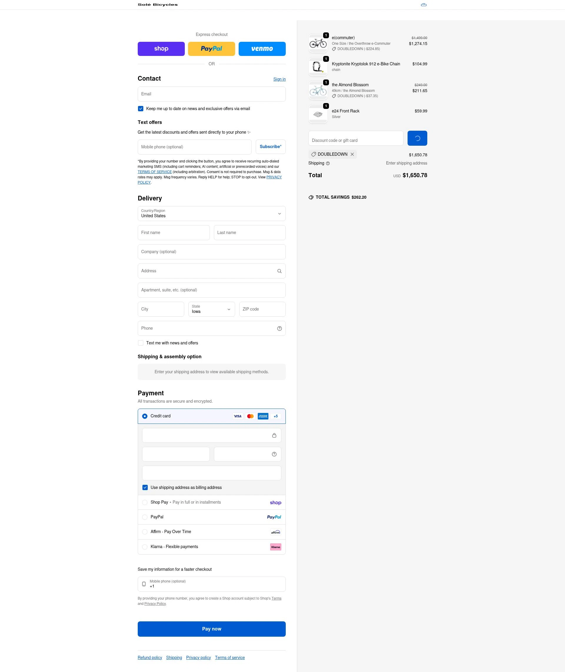 SOLE Bicycles checkout page showing SOLE Bicycles discount code box | Screenshot taken by SimplyCodes community member on Feb 20, 2026