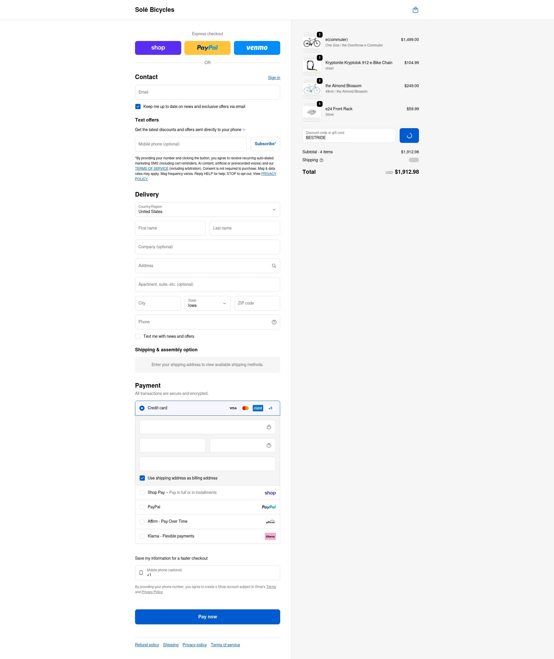 SOLE Bicycles checkout page showing SOLE Bicycles discount code box | Screenshot taken by SimplyCodes community member on Feb 20, 2026