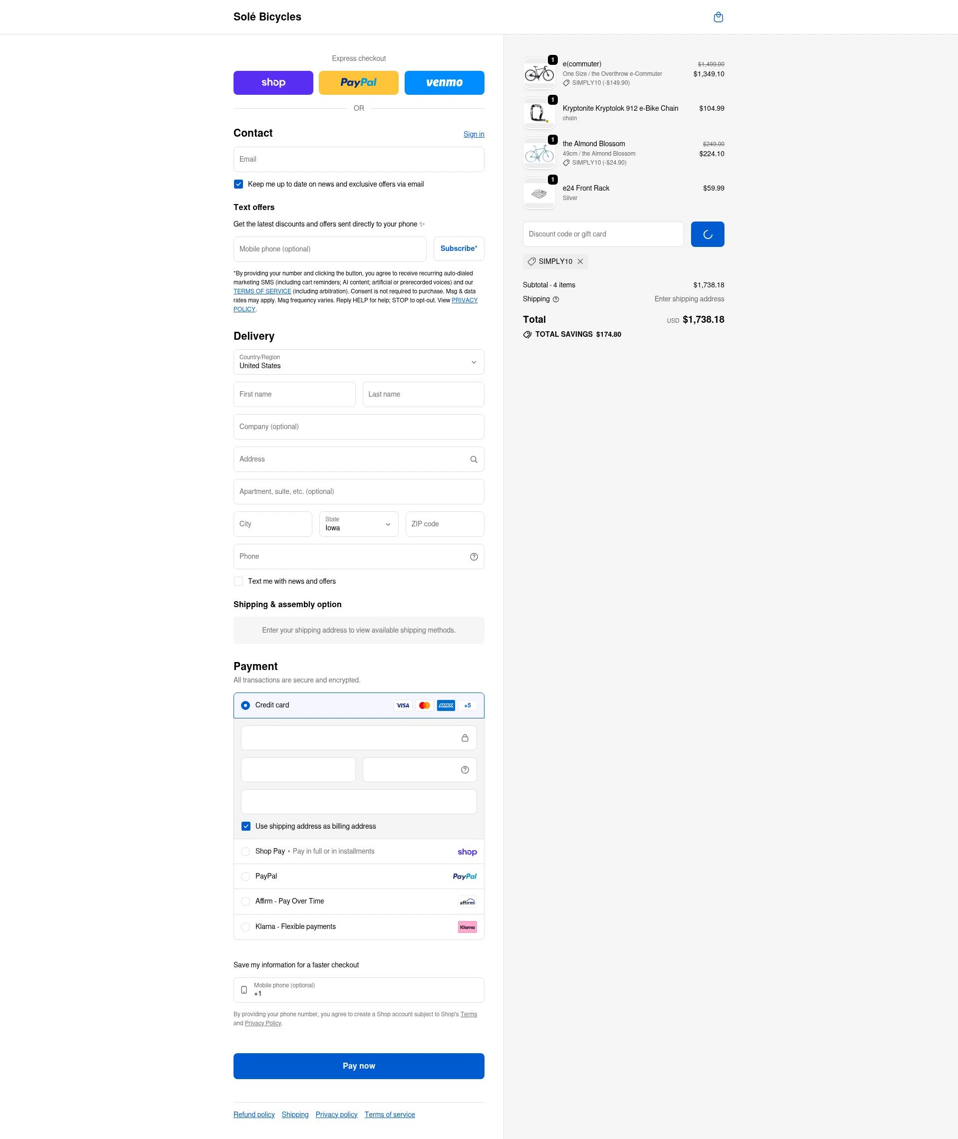 SOLE Bicycles checkout page showing SOLE Bicycles discount code box | Screenshot taken by SimplyCodes community member on Feb 15, 2026