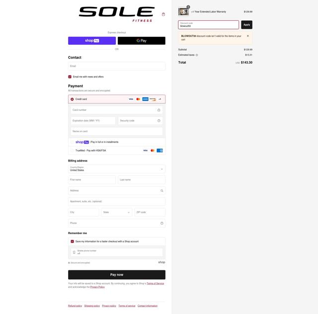Sole Fitness checkout page showing Sole Fitness discount code box | Screenshot taken by SimplyCodes community member on Dec 17, 2024