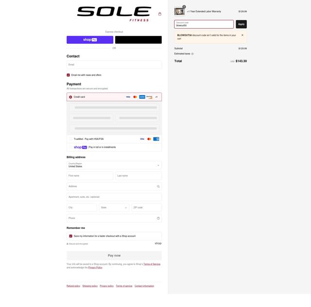 Sole Fitness checkout page showing Sole Fitness discount code box | Screenshot taken by SimplyCodes community member on Dec 21, 2024