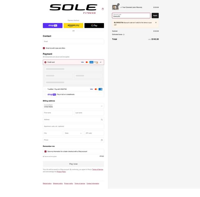 Sole Fitness checkout page showing Sole Fitness discount code box | Screenshot taken by SimplyCodes community member on Dec 13, 2024