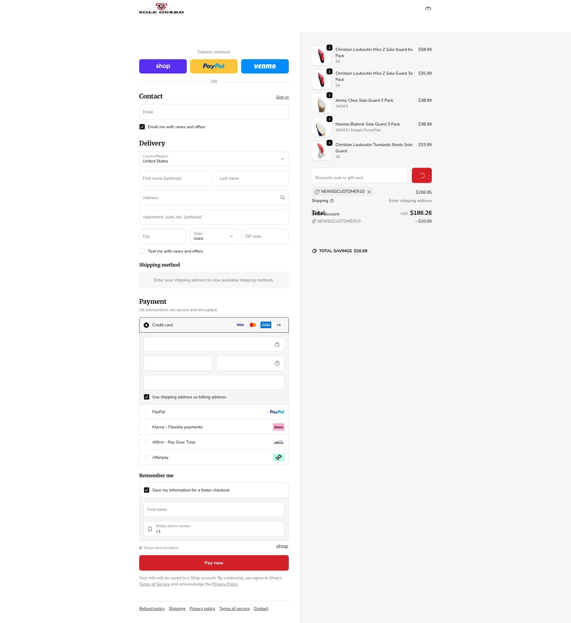 Sole Guard USA checkout page showing Sole Guard USA discount code box | Screenshot taken by SimplyCodes community member on Dec 28, 2025