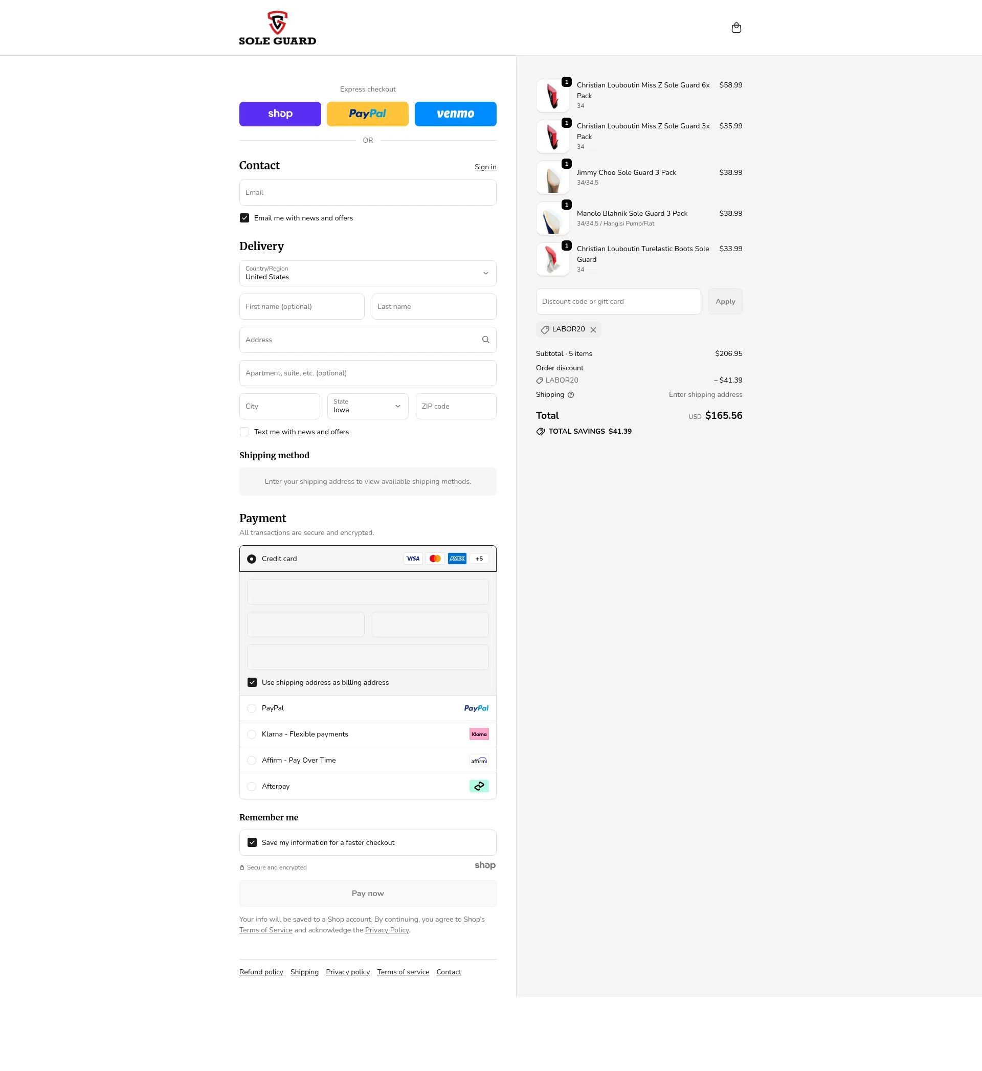 Sole Guard USA checkout page showing Sole Guard USA discount code box | Screenshot taken by SimplyCodes community member on Dec 28, 2025
