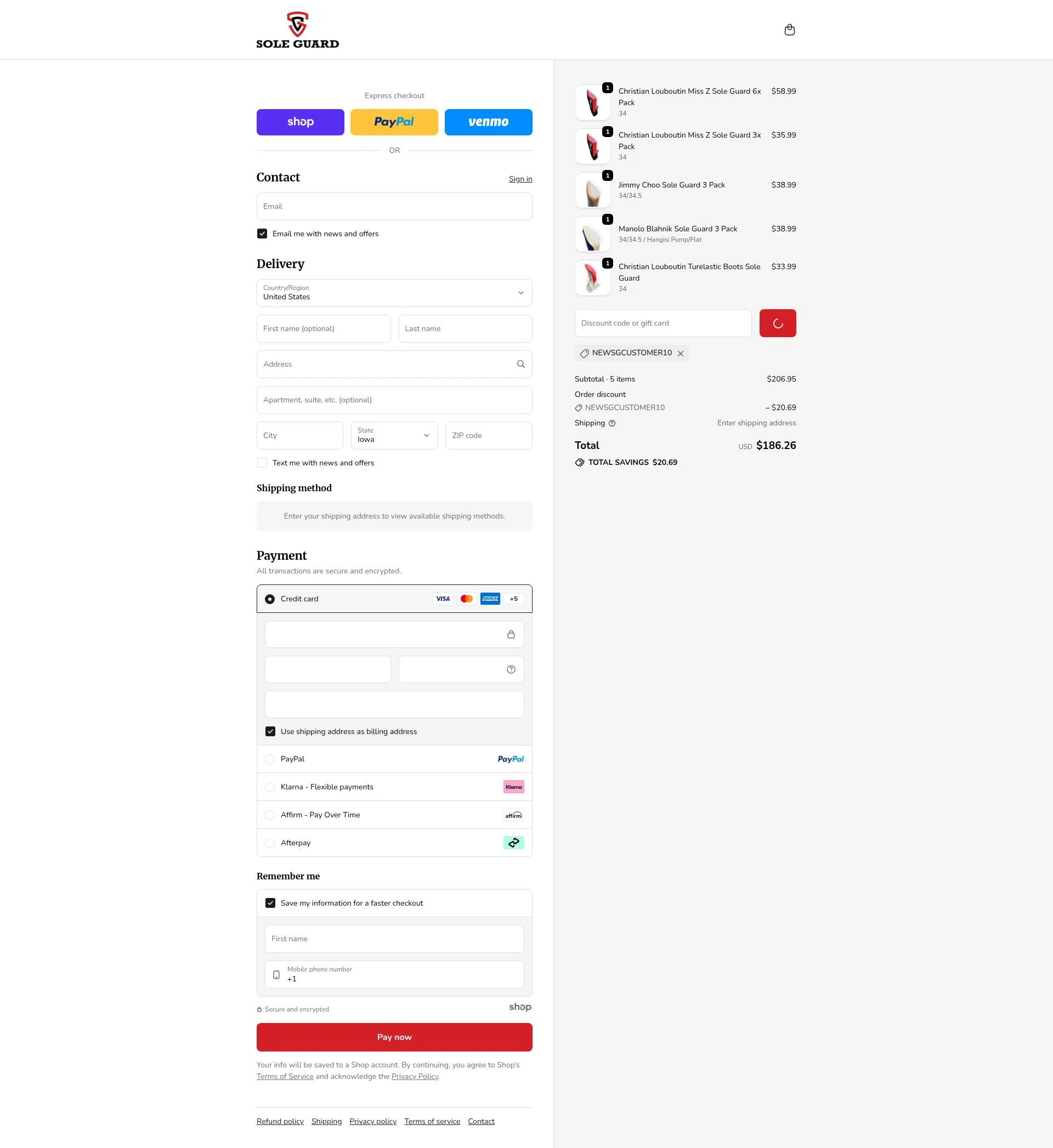 Sole Guard USA checkout page showing Sole Guard USA discount code box | Screenshot taken by SimplyCodes community member on Dec 23, 2025