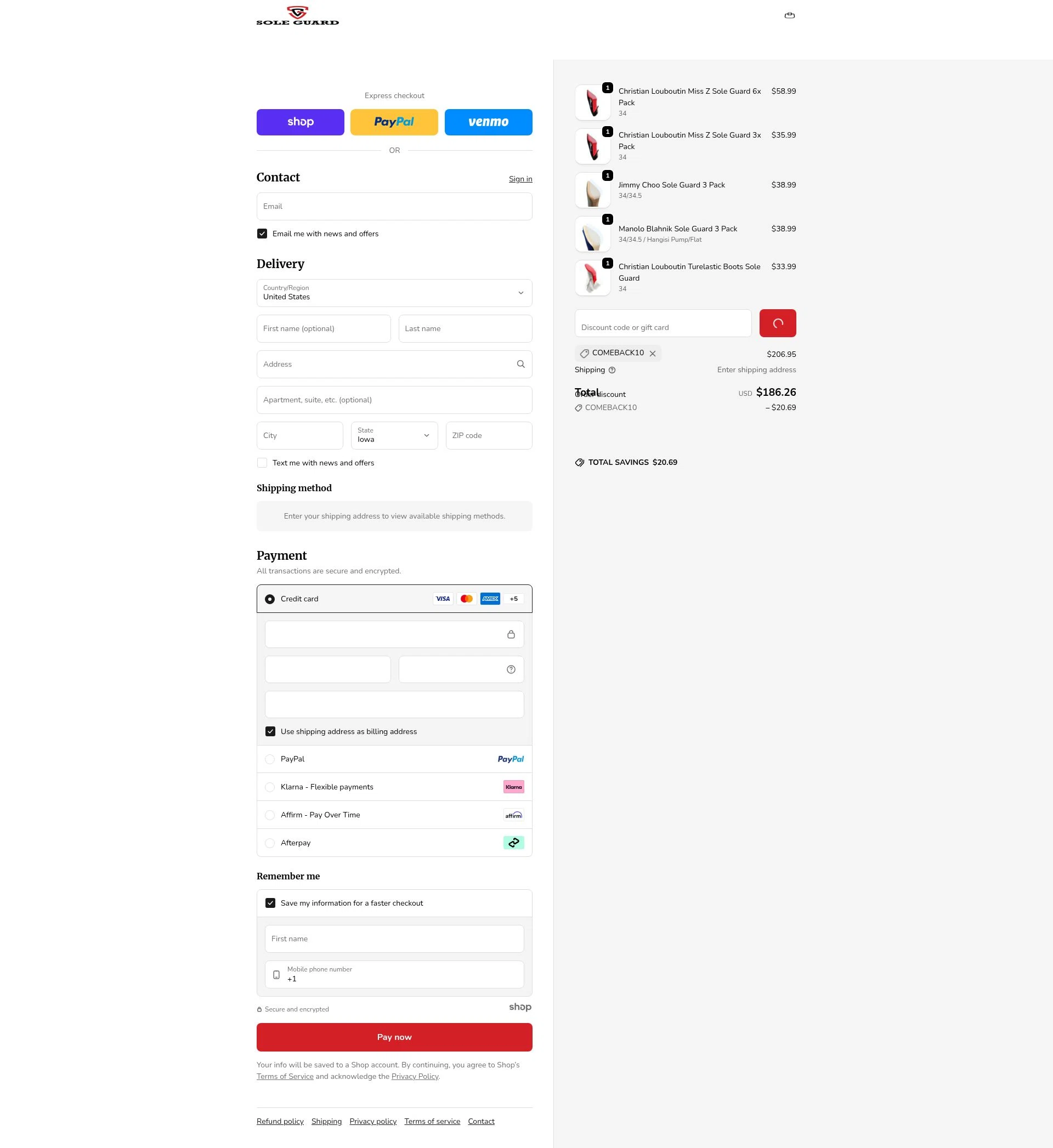 Sole Guard USA checkout page showing Sole Guard USA discount code box | Screenshot taken by SimplyCodes community member on Dec 23, 2025