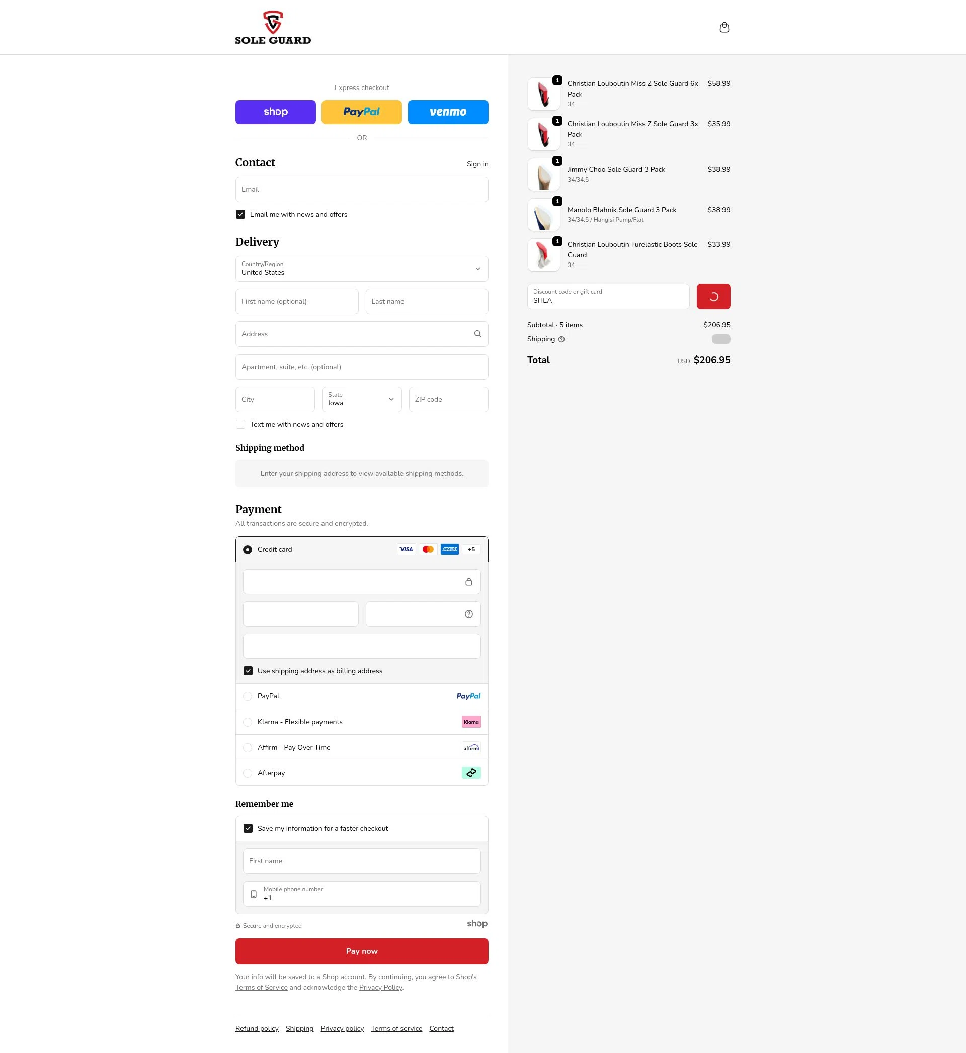 Sole Guard USA checkout page showing Sole Guard USA discount code box | Screenshot taken by SimplyCodes community member on Dec 28, 2025