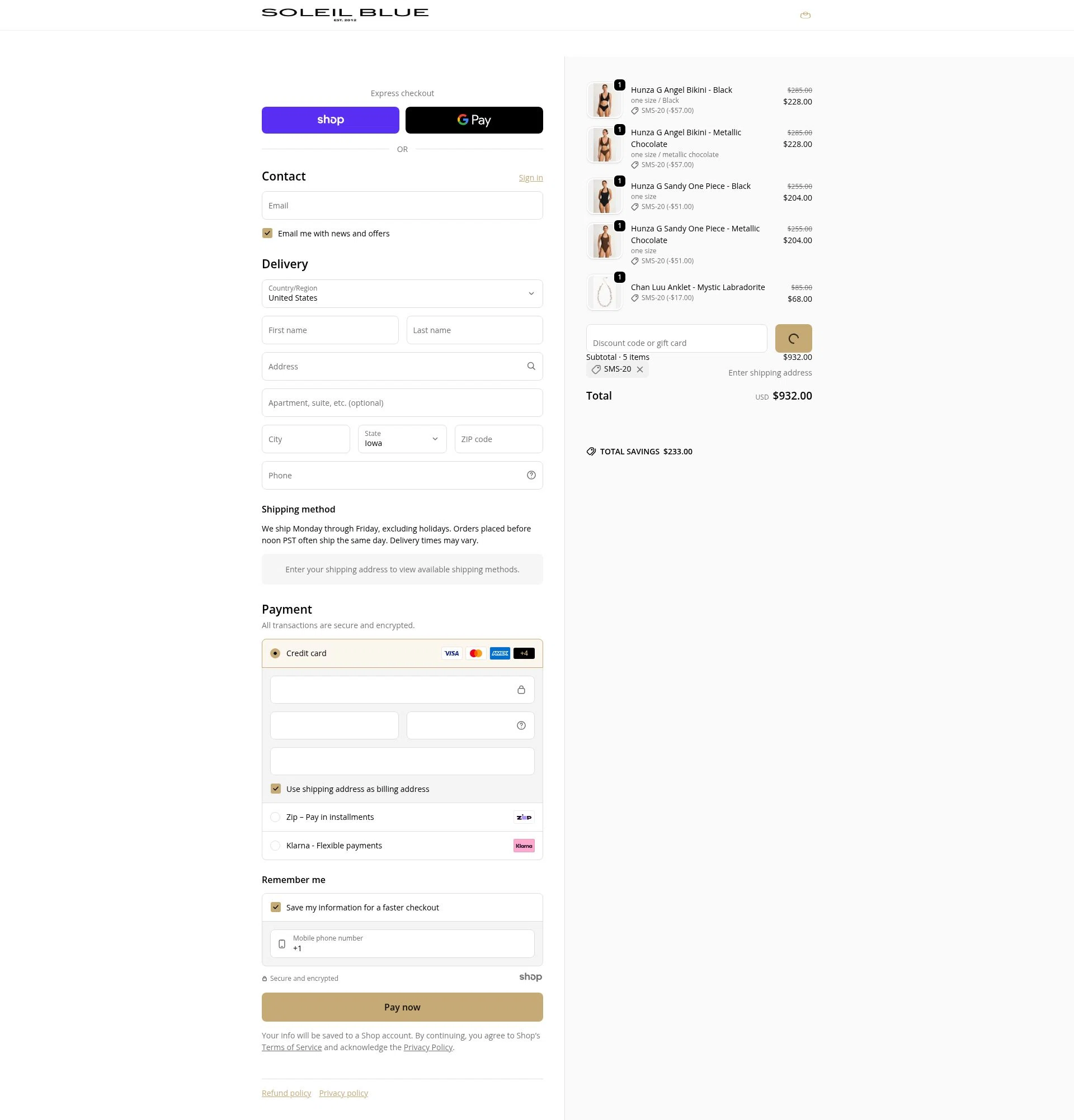 Soleil Blue checkout page showing Soleil Blue promo code box | Screenshot taken by SimplyCodes community member on Jan 6, 2026