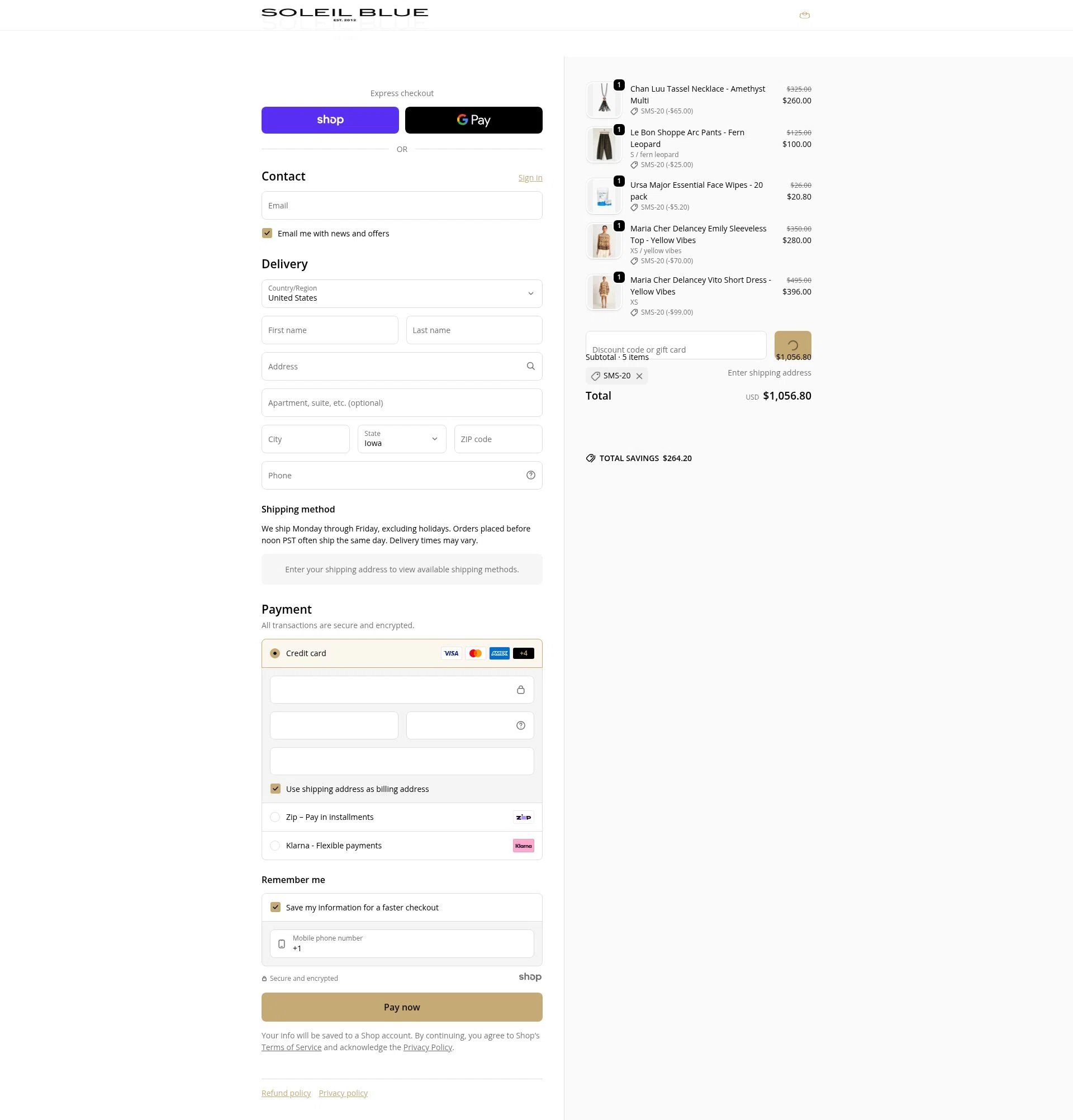Soleil Blue checkout page showing Soleil Blue promo code box | Screenshot taken by SimplyCodes community member on Jan 21, 2026