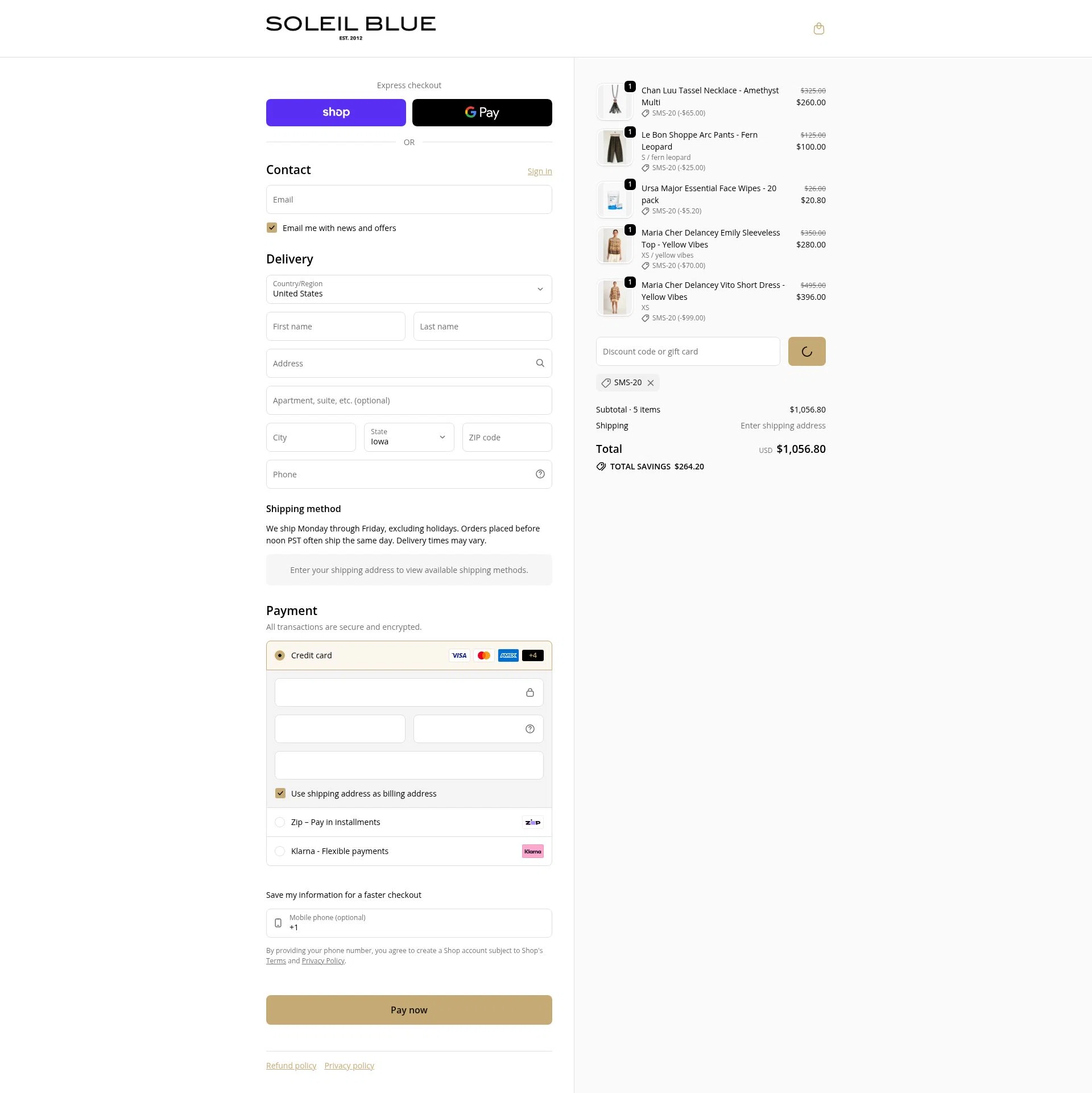 Soleil Blue checkout page showing Soleil Blue promo code box | Screenshot taken by SimplyCodes community member on Feb 3, 2026