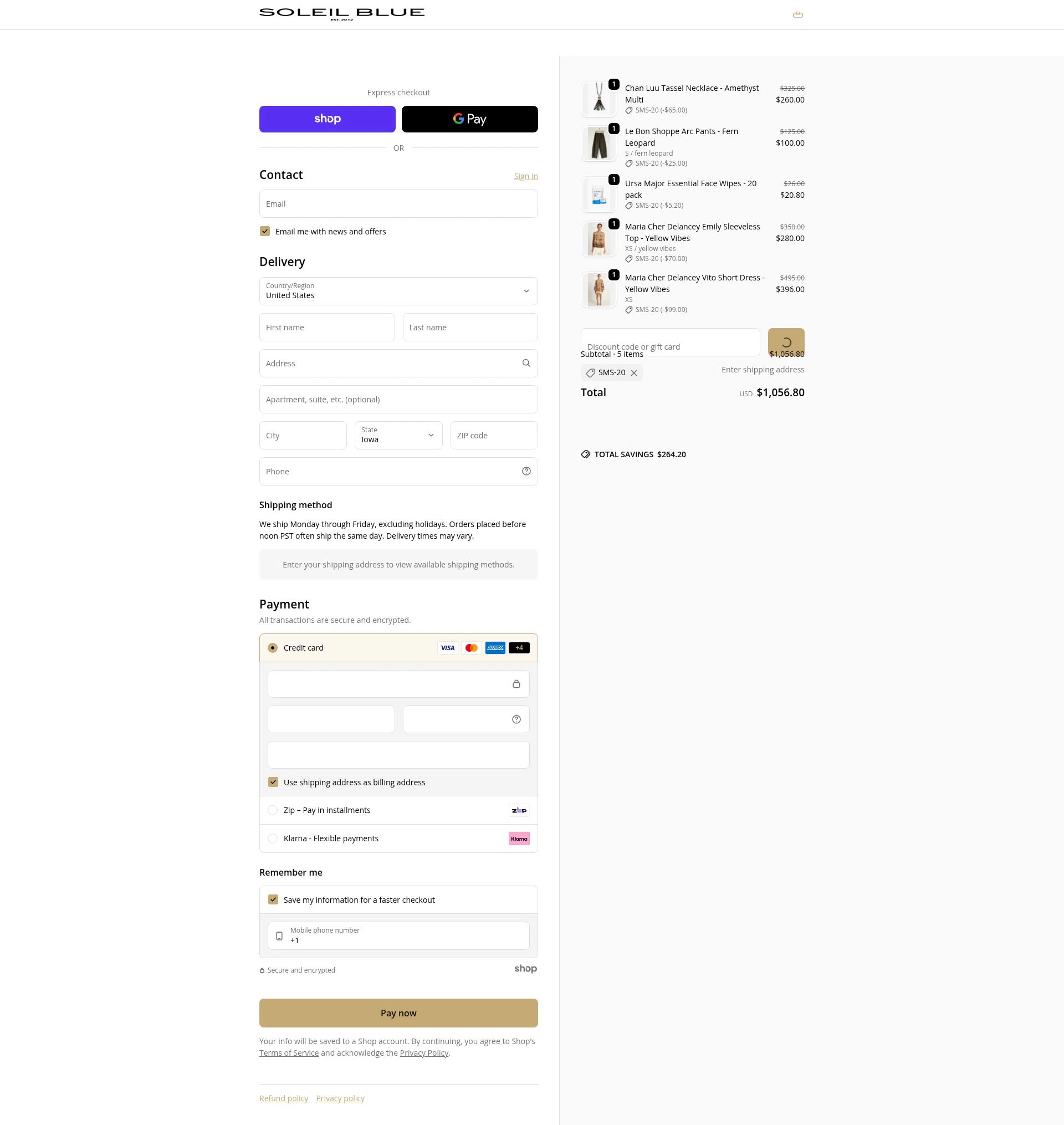 Soleil Blue checkout page showing Soleil Blue promo code box | Screenshot taken by SimplyCodes community member on Jan 30, 2026