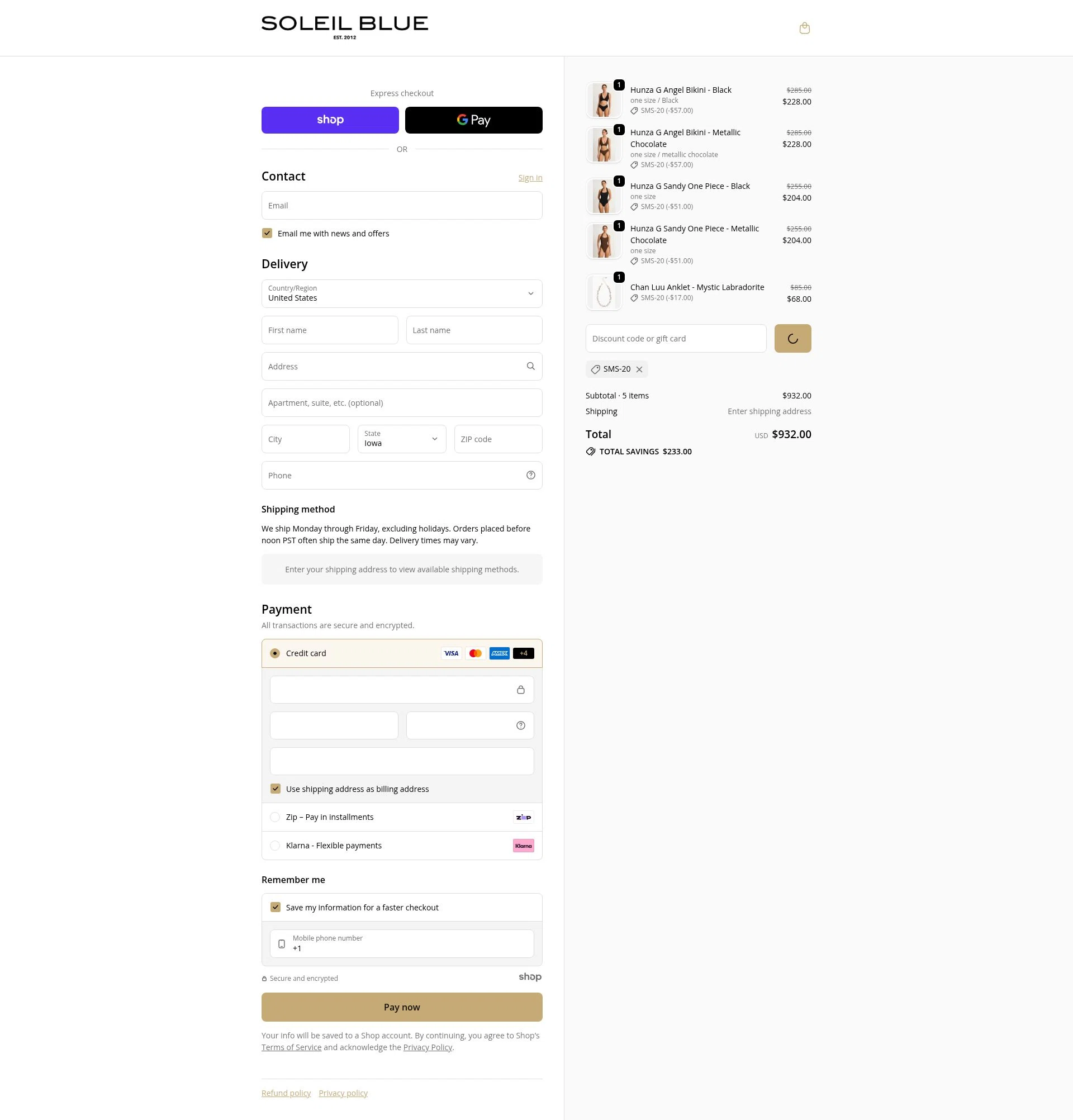 Soleil Blue checkout page showing Soleil Blue promo code box | Screenshot taken by SimplyCodes community member on Jan 1, 2026