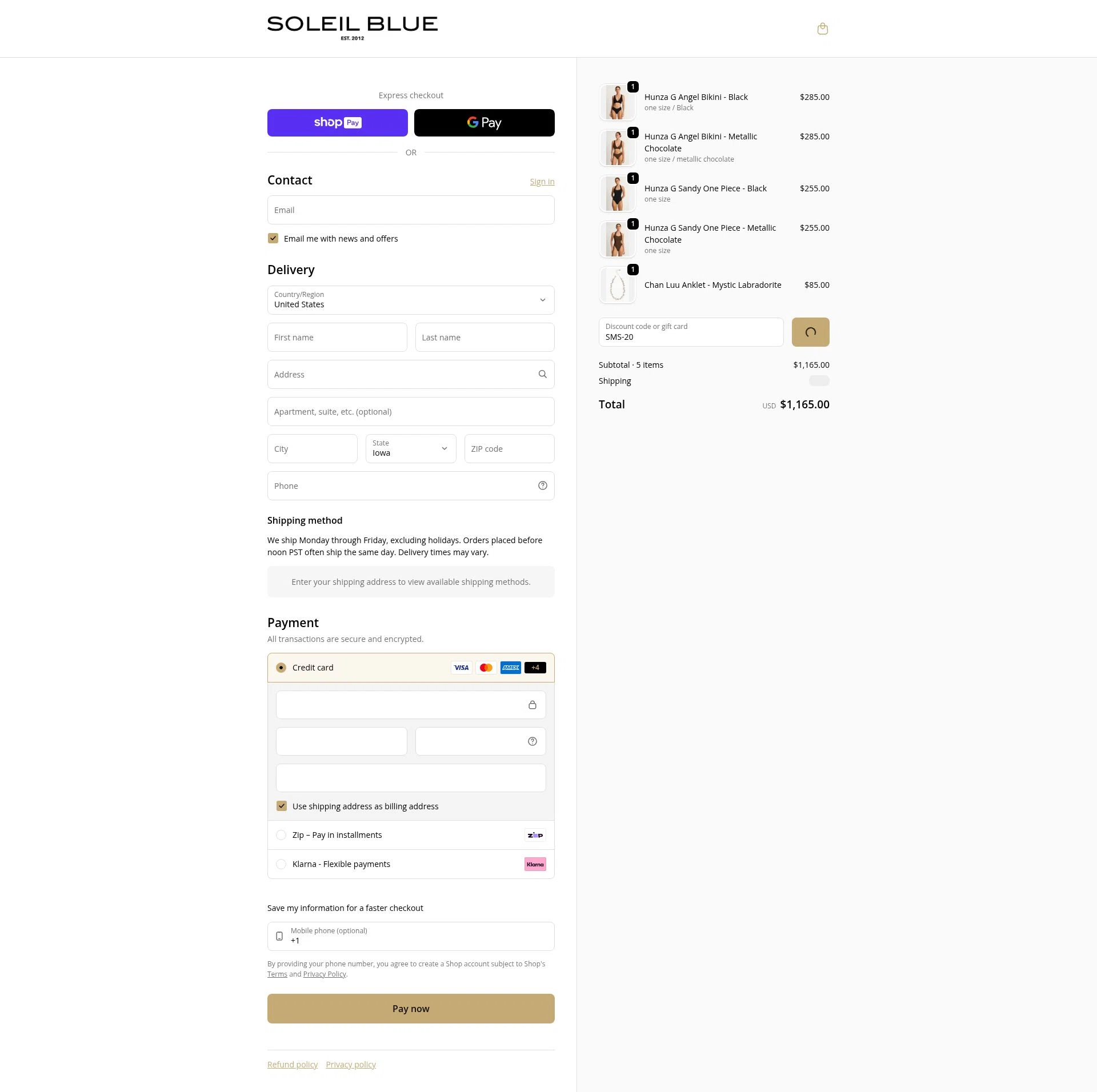 Soleil Blue checkout page showing Soleil Blue promo code box | Screenshot taken by SimplyCodes community member on Jan 11, 2026