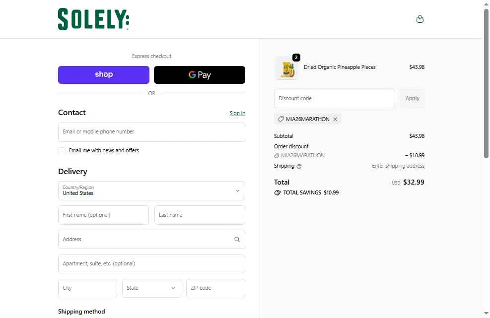 Solely checkout page showing Solely discount code box | Screenshot taken by SimplyCodes community member on Jan 31, 2026
