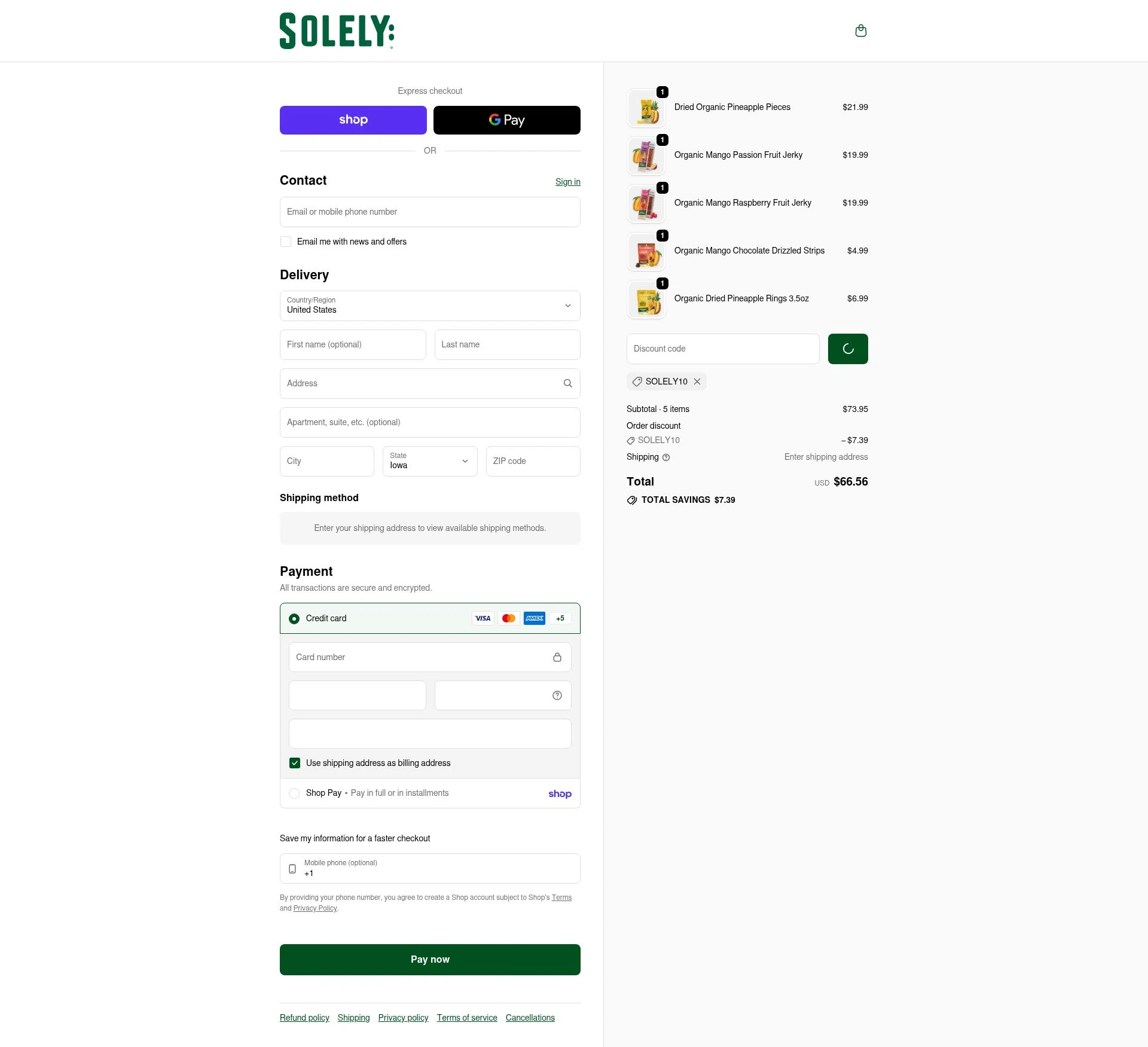 Solely checkout page showing Solely discount code box | Screenshot taken by SimplyCodes community member on Feb 4, 2026