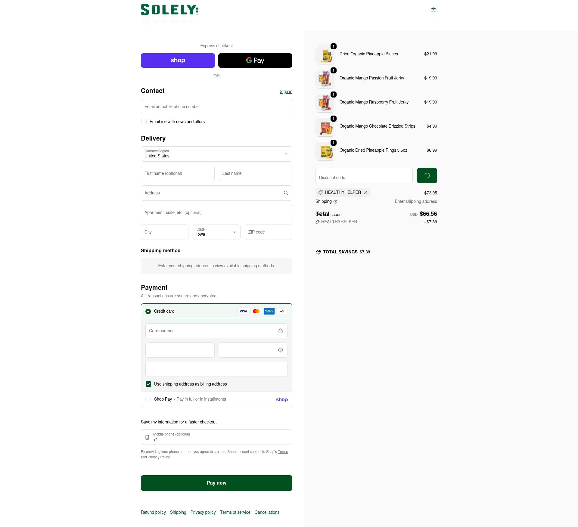 Solely checkout page showing Solely discount code box | Screenshot taken by SimplyCodes community member on Feb 4, 2026