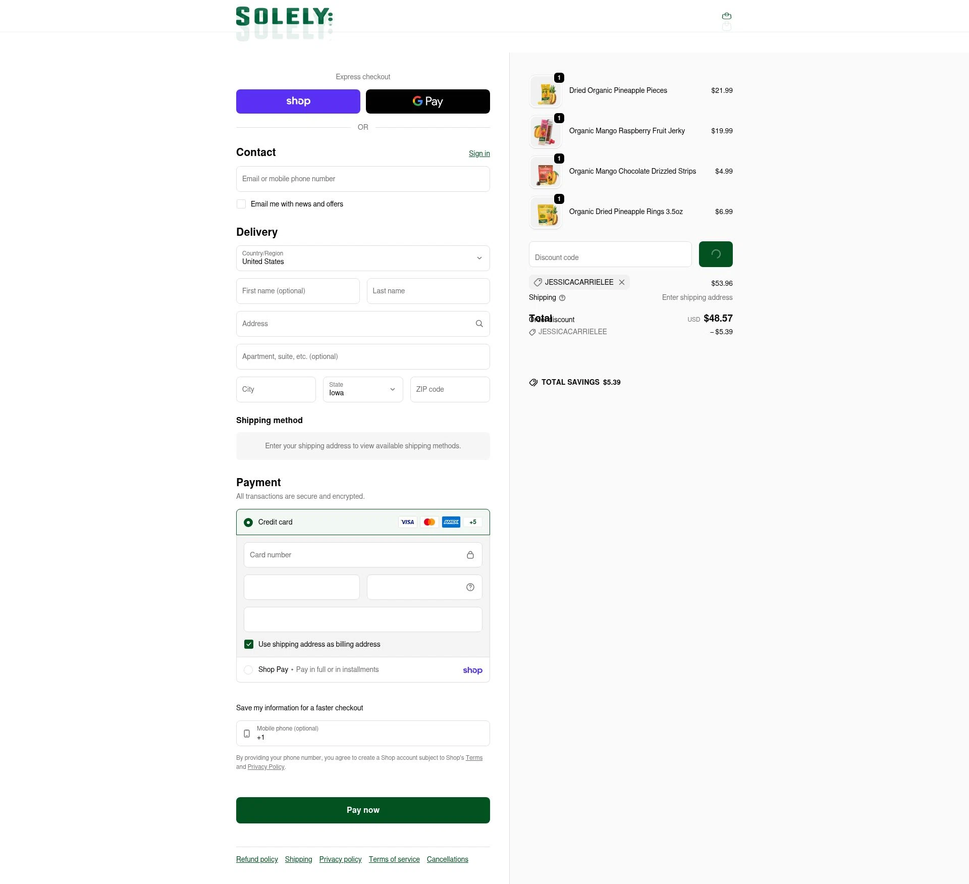 Solely checkout page showing Solely discount code box | Screenshot taken by SimplyCodes community member on Jan 31, 2026
