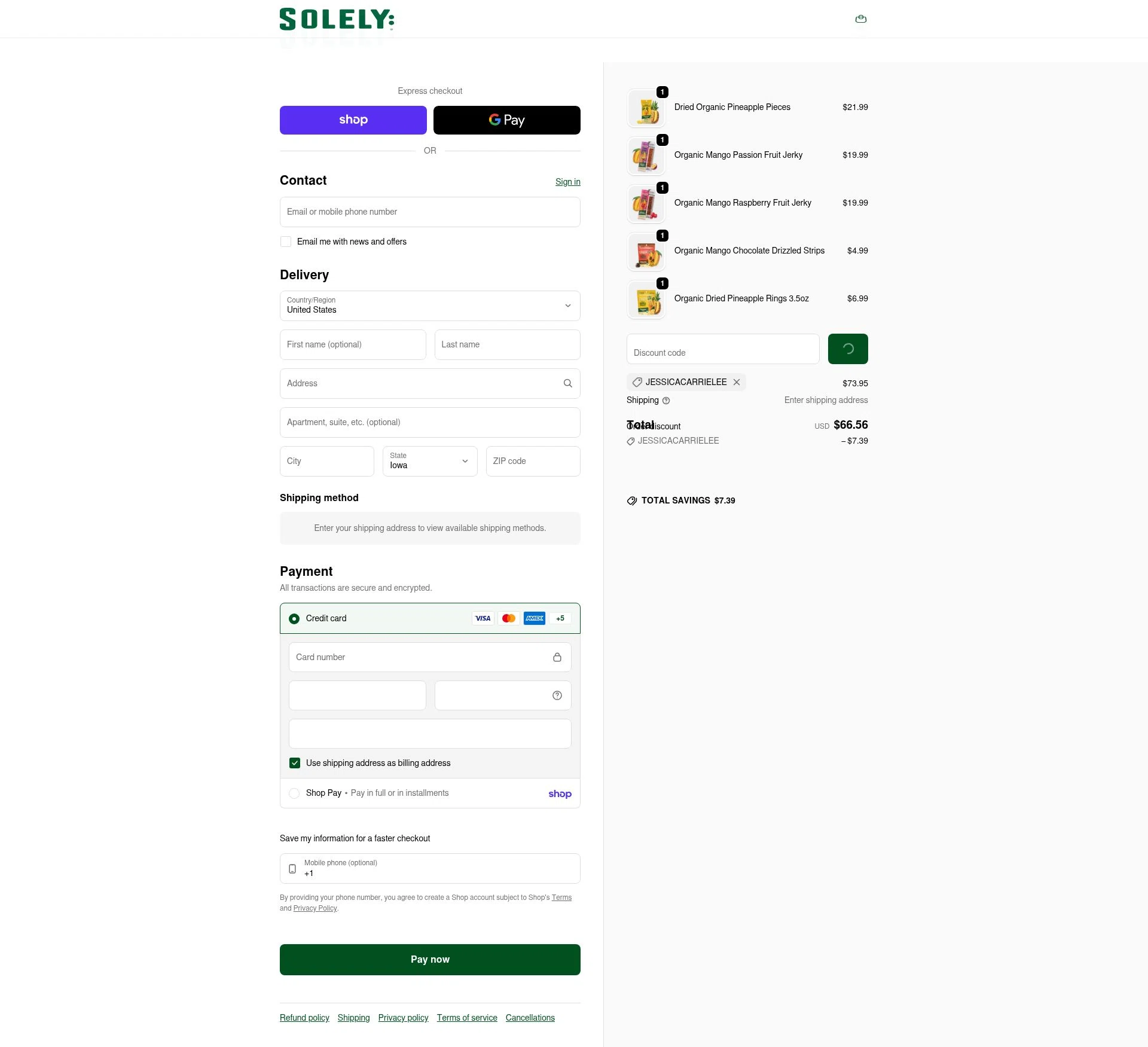 Solely checkout page showing Solely discount code box | Screenshot taken by SimplyCodes community member on Feb 4, 2026