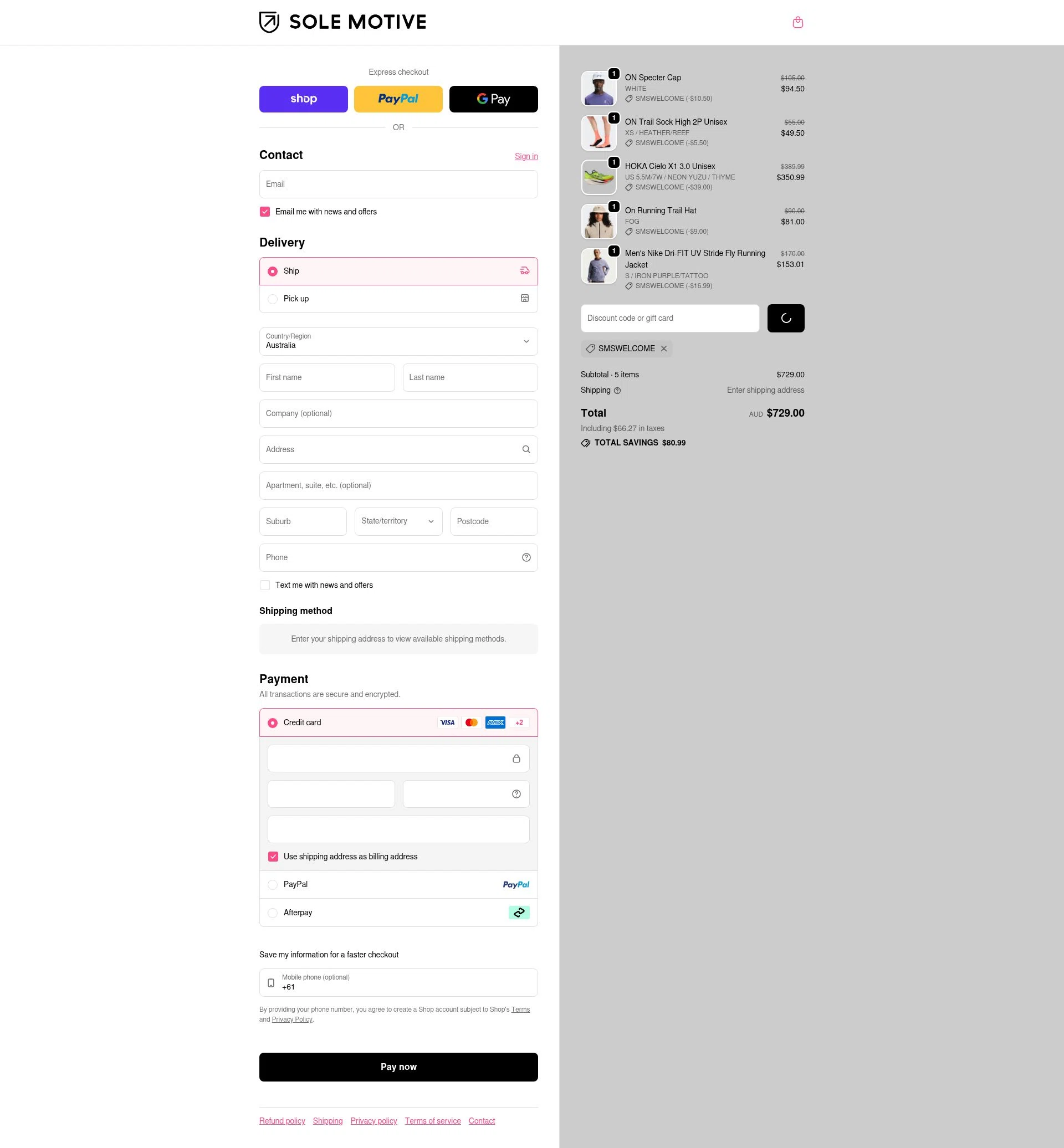 Sole Motive checkout page showing Sole Motive discount code box | Screenshot taken by SimplyCodes community member on Feb 13, 2026